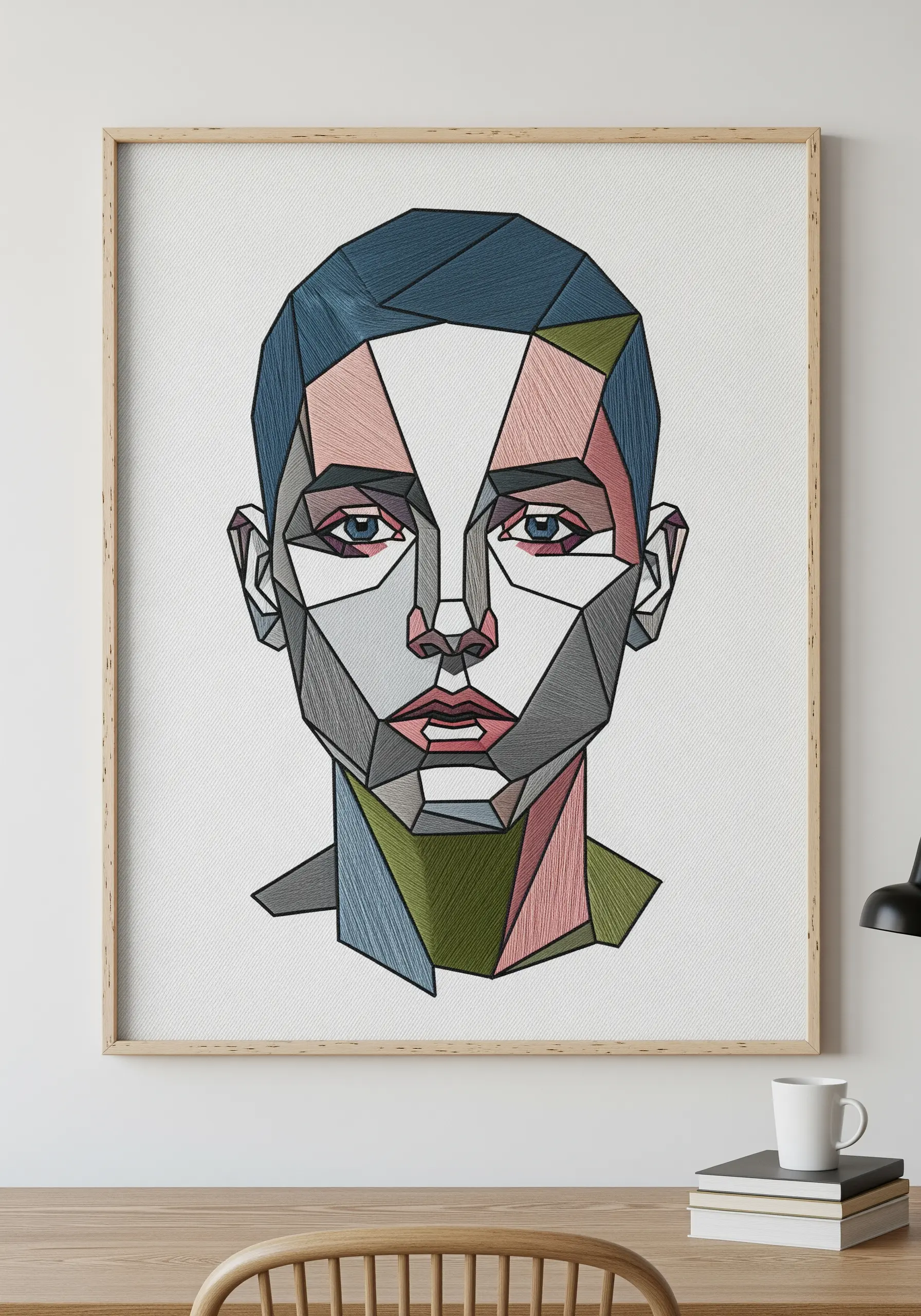 A geometric, cubist-style embroidered portrait with the face broken into colorful angular planes.