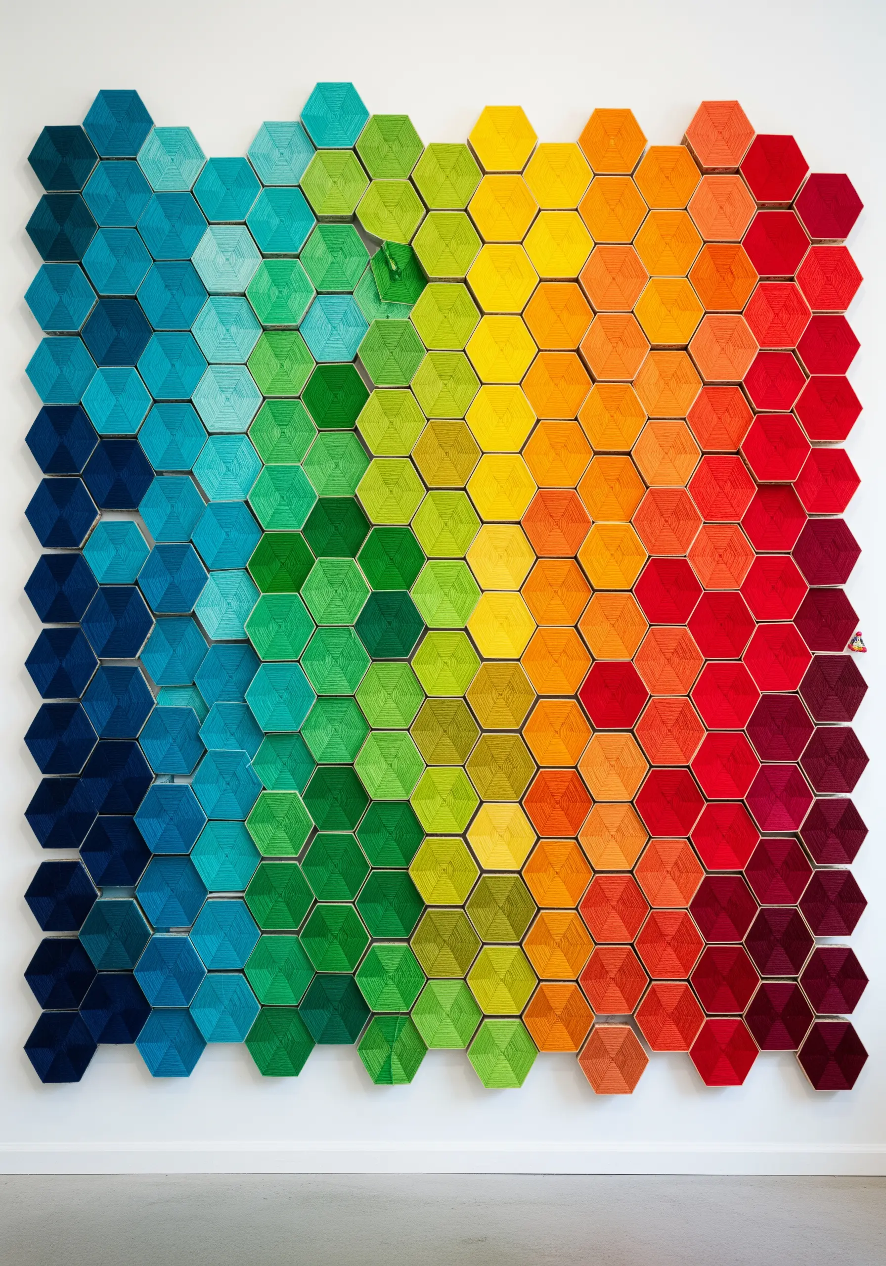 A large wall installation made of hundreds of hexagonal panels arranged in a full rainbow gradient.