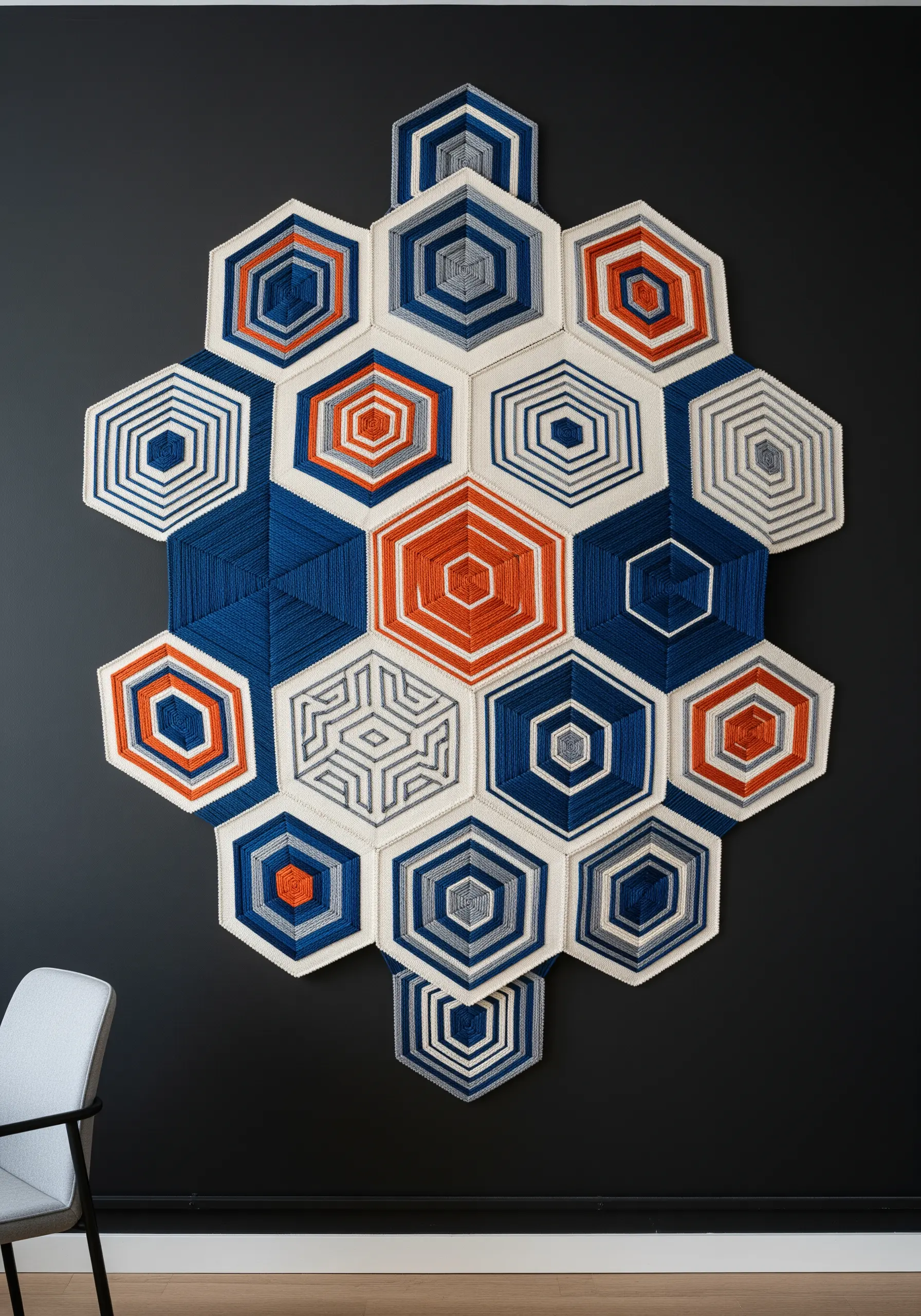 A large wall installation made of interconnected embroidered hexagons in blue, orange, and white.