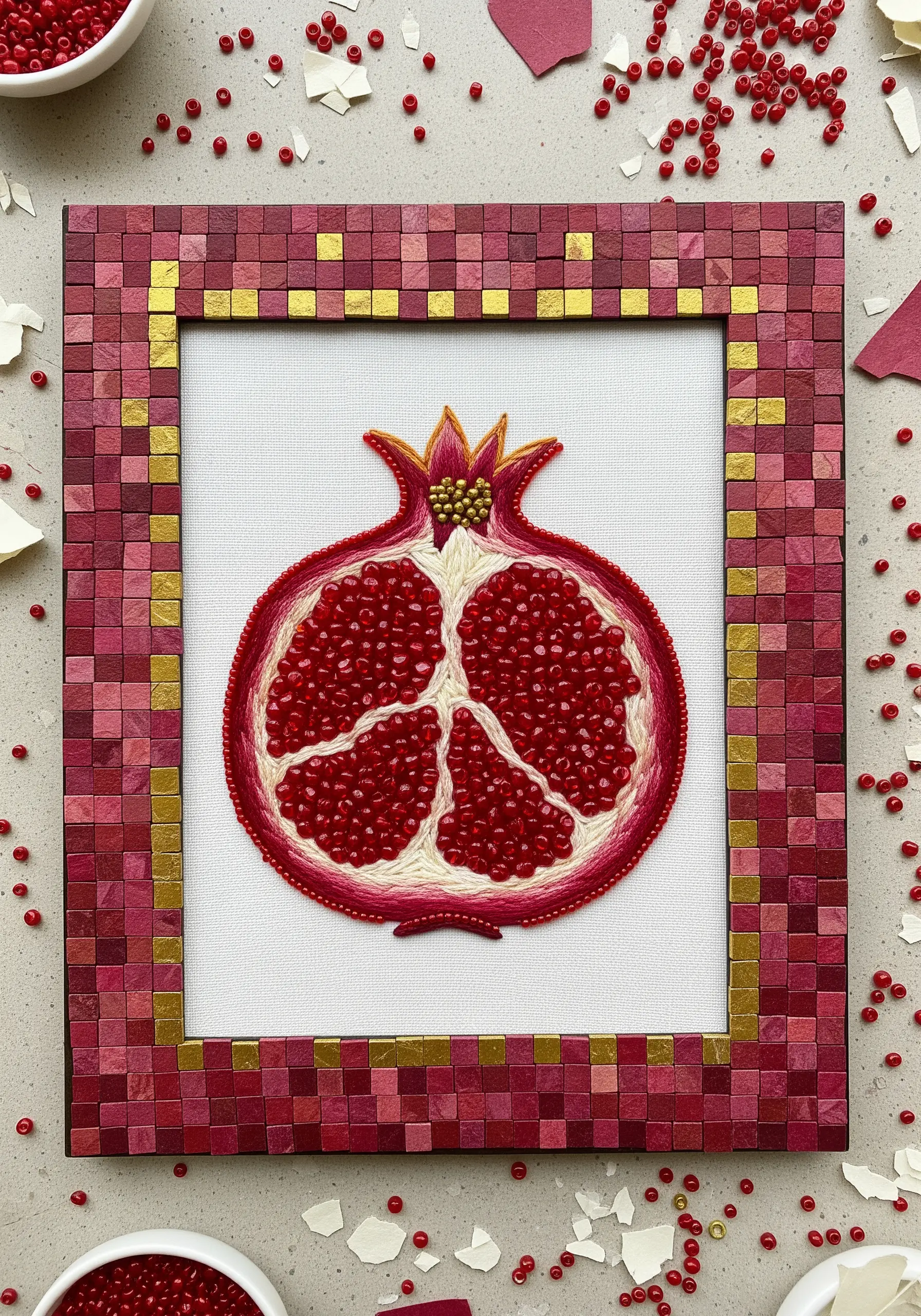 Embroidered pomegranate with beadwork, framed by a red and gold paper mosaic.
