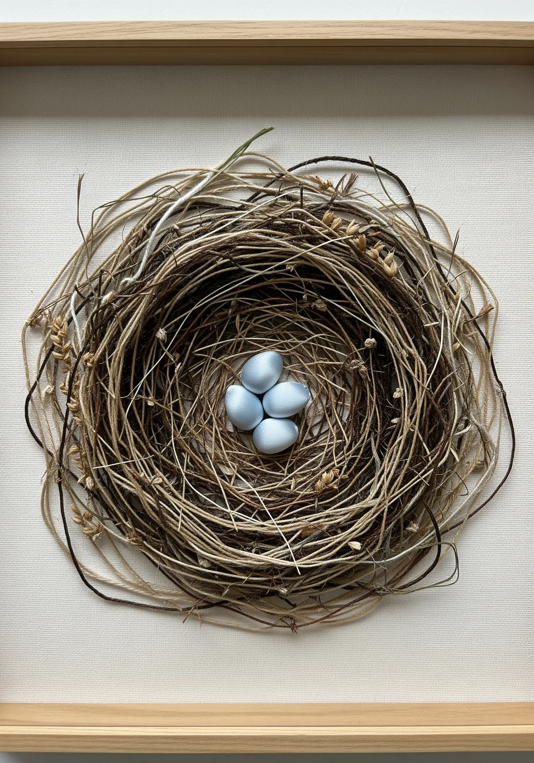 Mixed-media artwork of a bird's nest using twine, thread, and natural fibers.