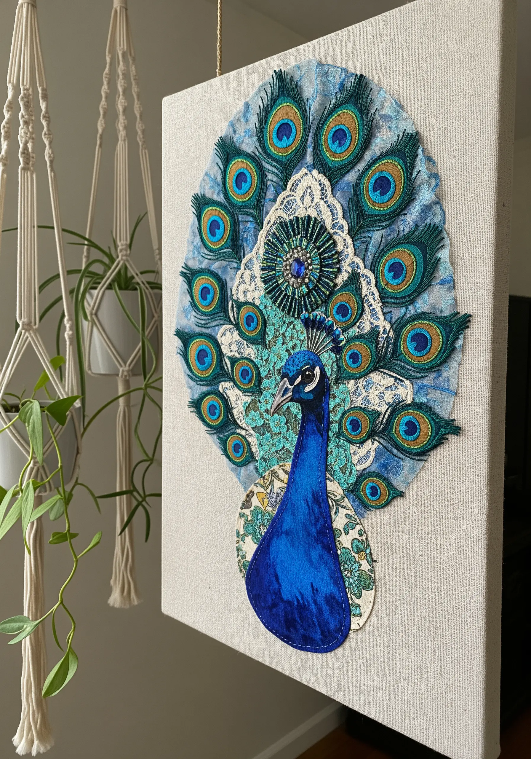 A fabric collage peacock on canvas, with embroidered feathers and a lace crest detail.