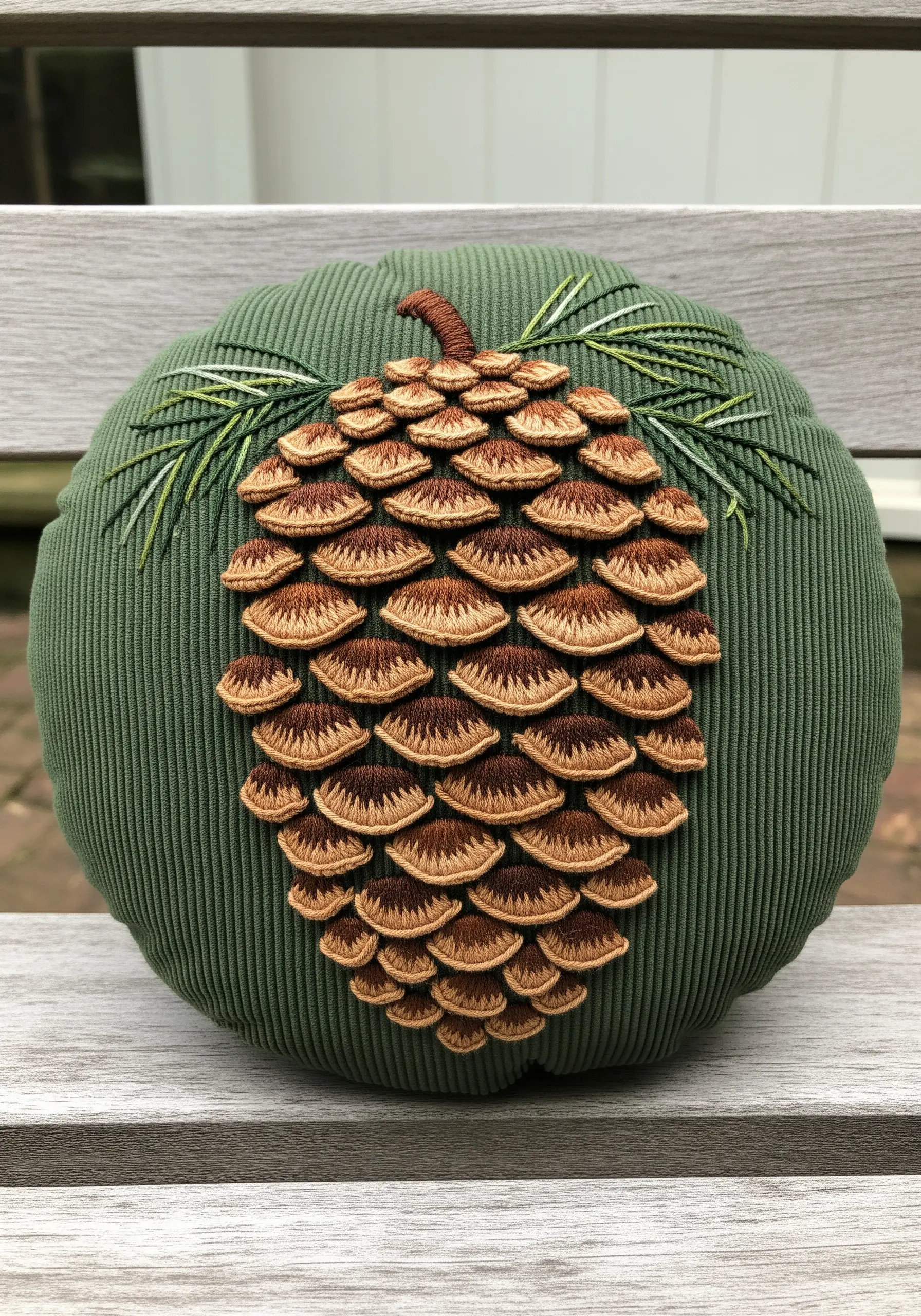 A dimensional, layered embroidery of a pinecone on a green corduroy pillow.