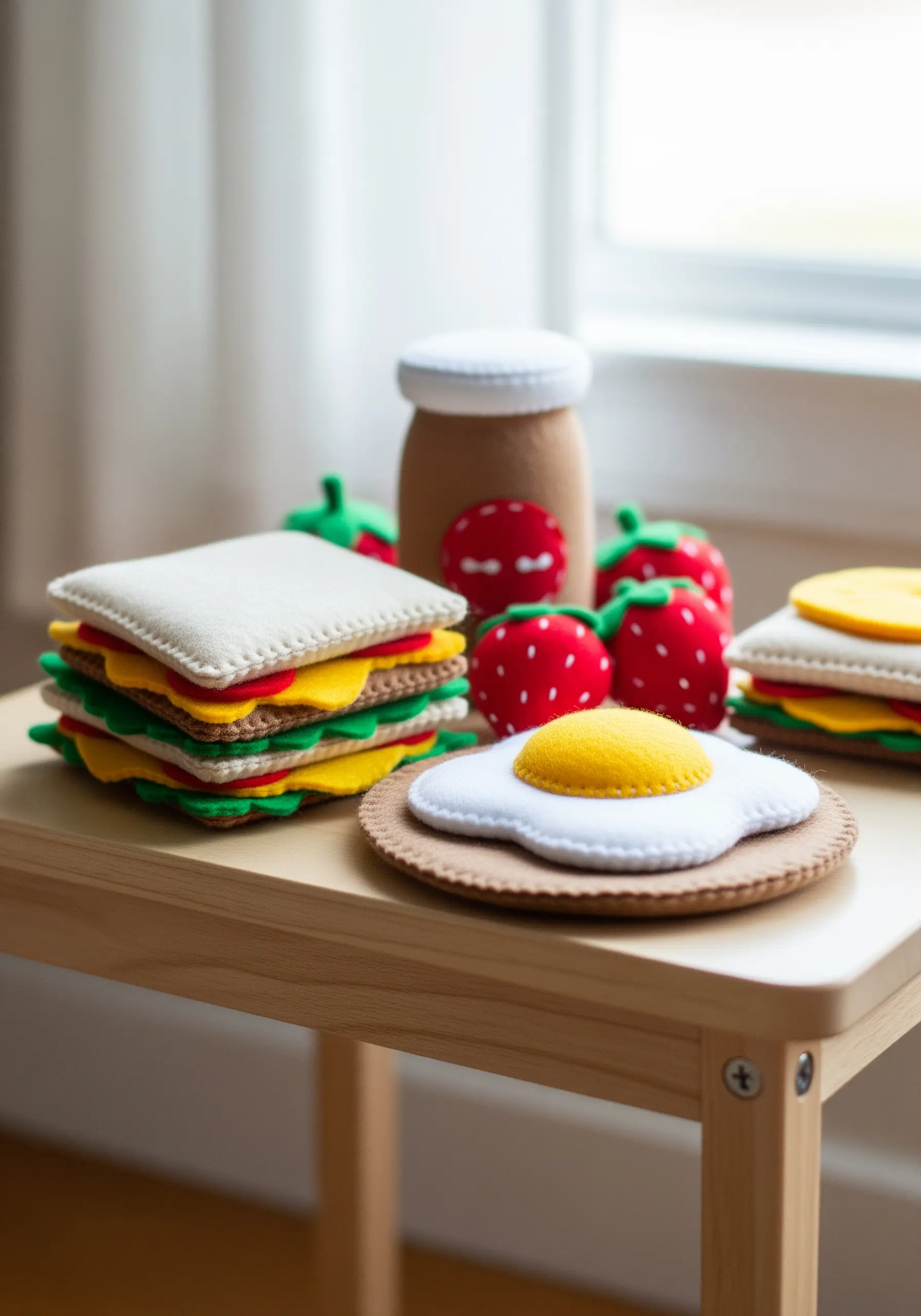 A collection of handmade felt food, including a sandwich, egg, and strawberries, on a small table.