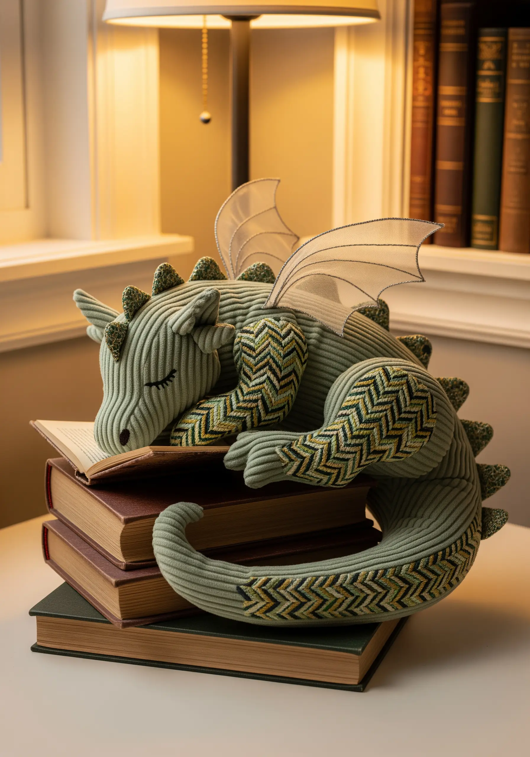 A soft, plush dragon made of green corduroy and patterned fabric, sleeping on a stack of books.