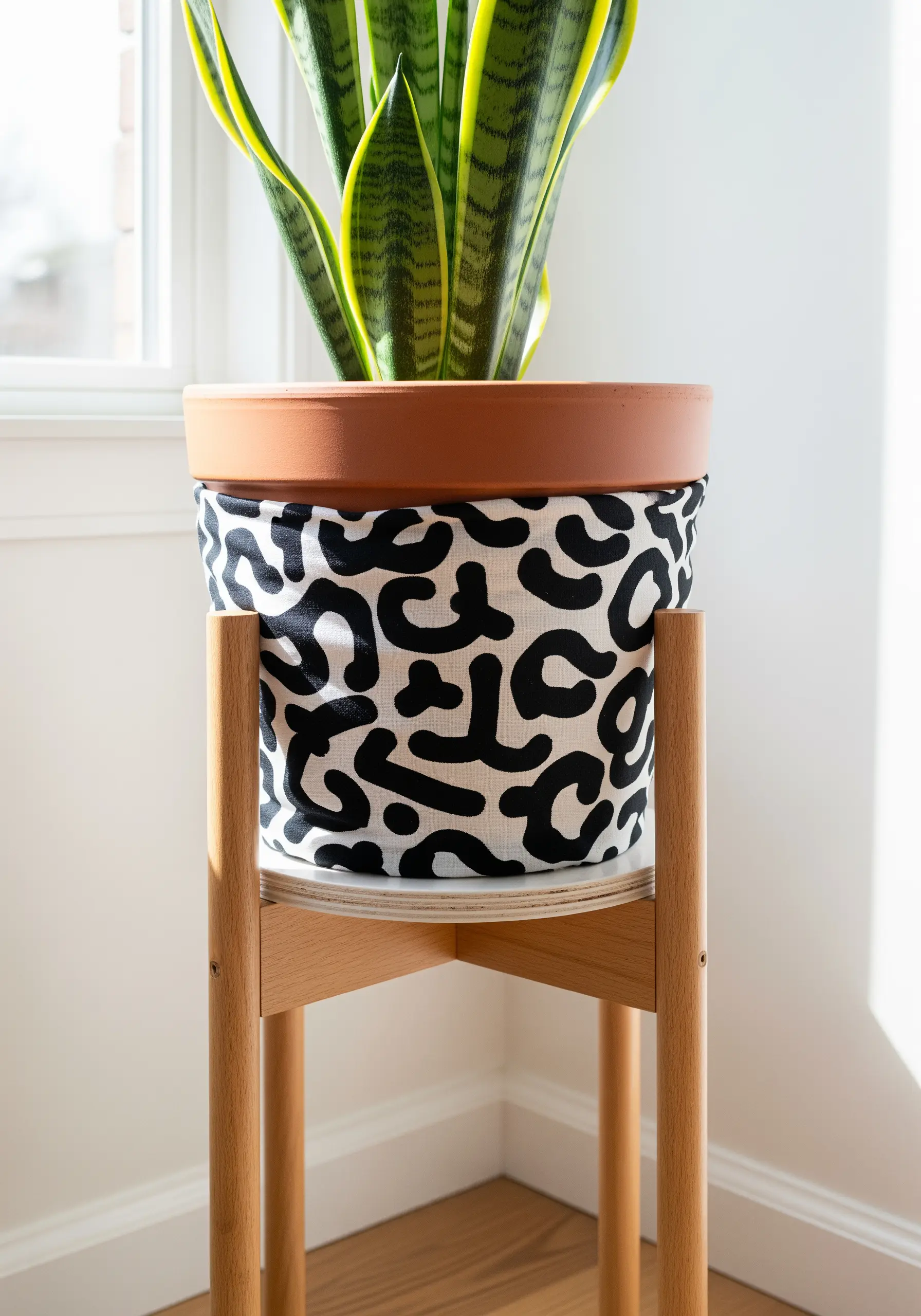 A snake plant in a terracotta pot, which is covered with a black and white abstract-patterned fabric.