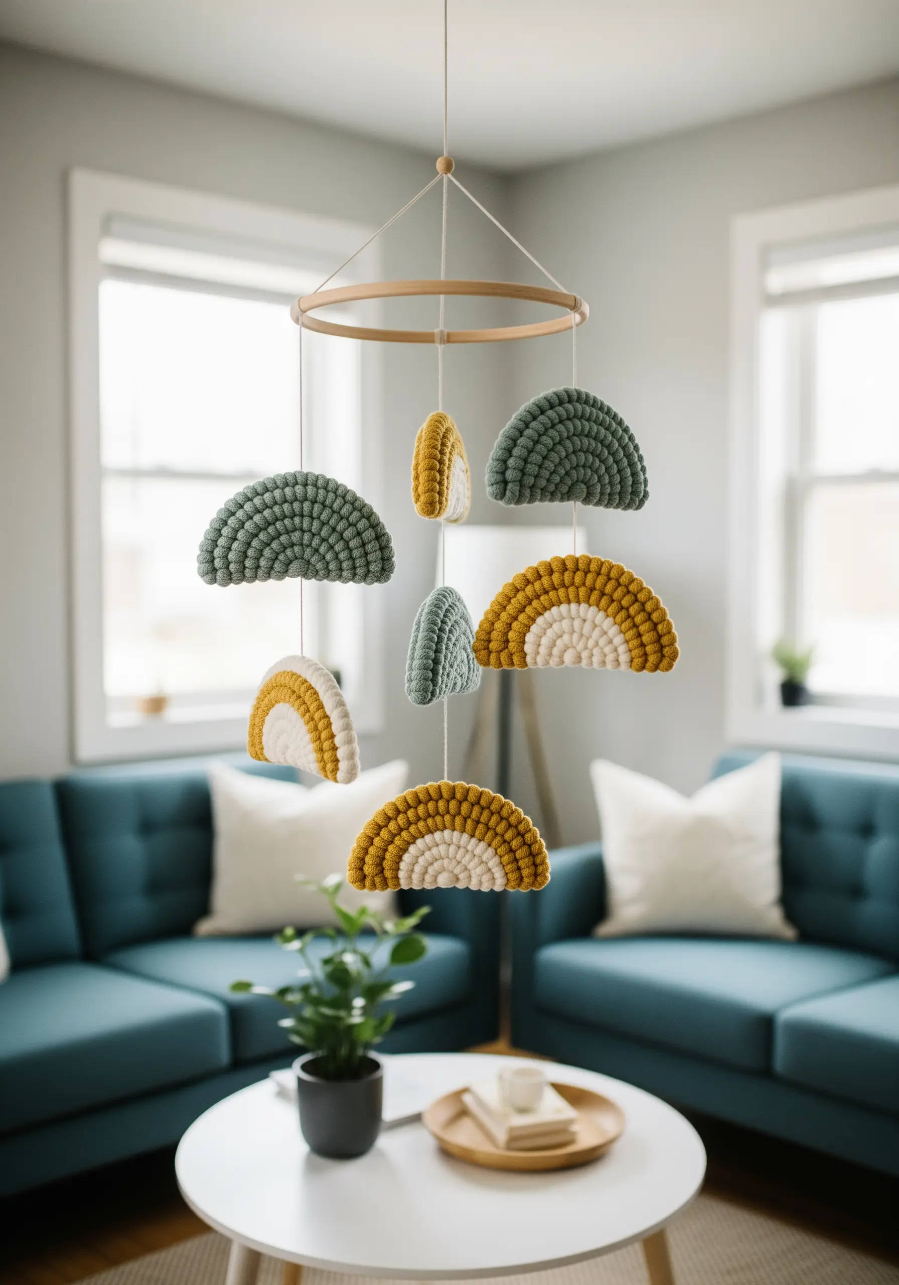 Hanging mobile with stuffed felt rainbows in muted green and yellow.