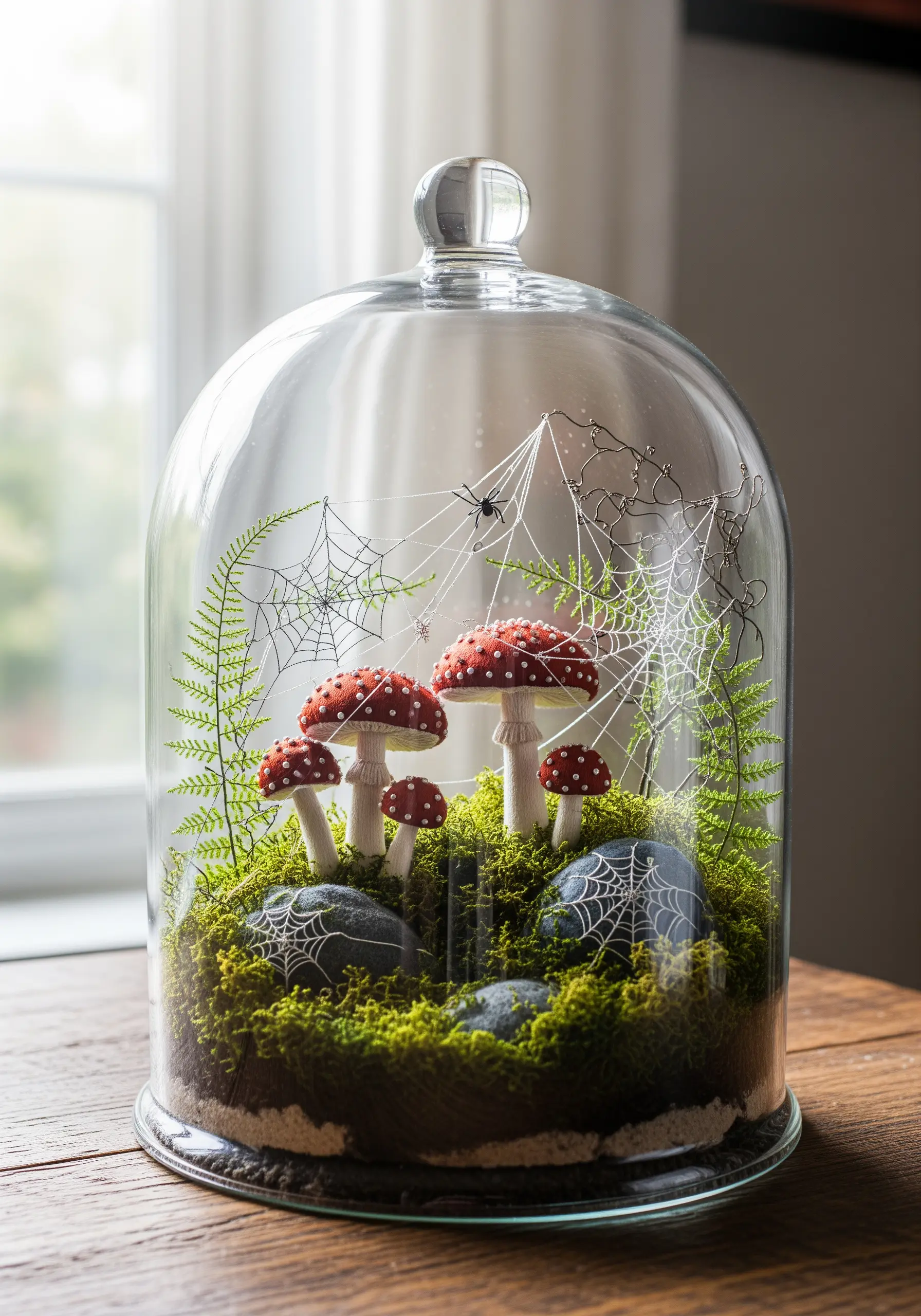 A glass cloche containing moss, mushrooms, and spiderwebs made from thread.
