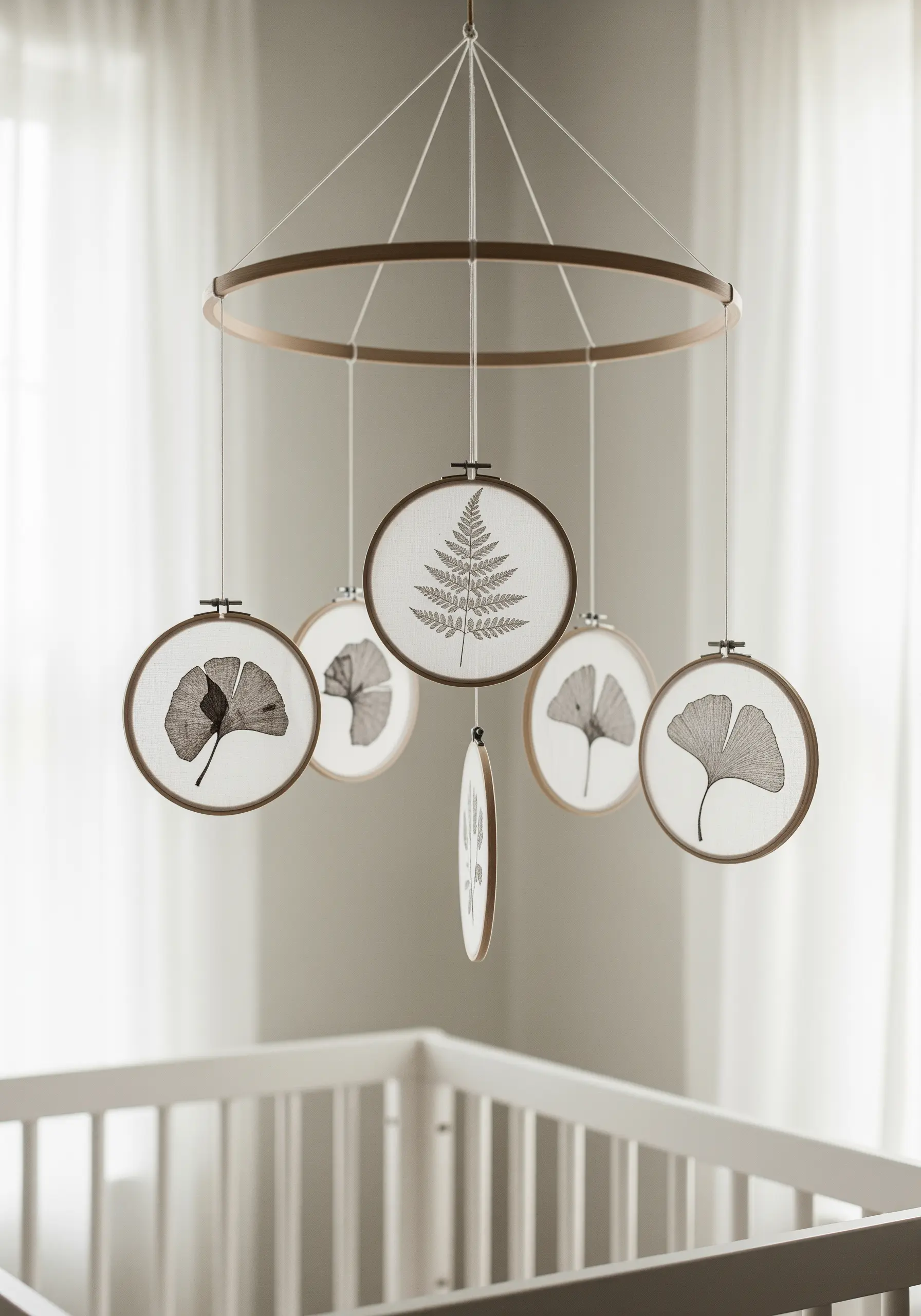 A nursery mobile made of several small embroidery hoops with stitched fern and ginkgo leaves.