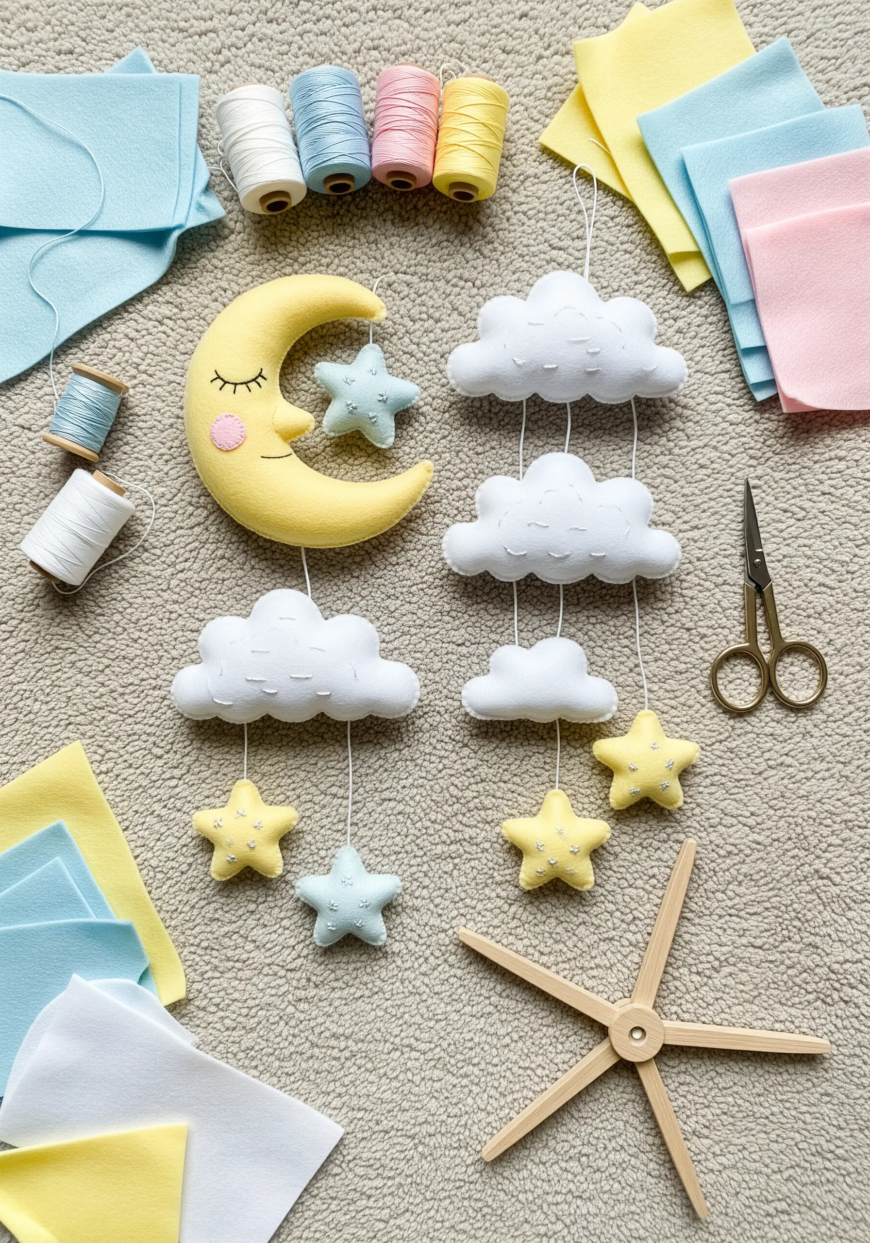 A handmade nursery mobile with felt moon, clouds, and stars in soft yellow, blue, and white