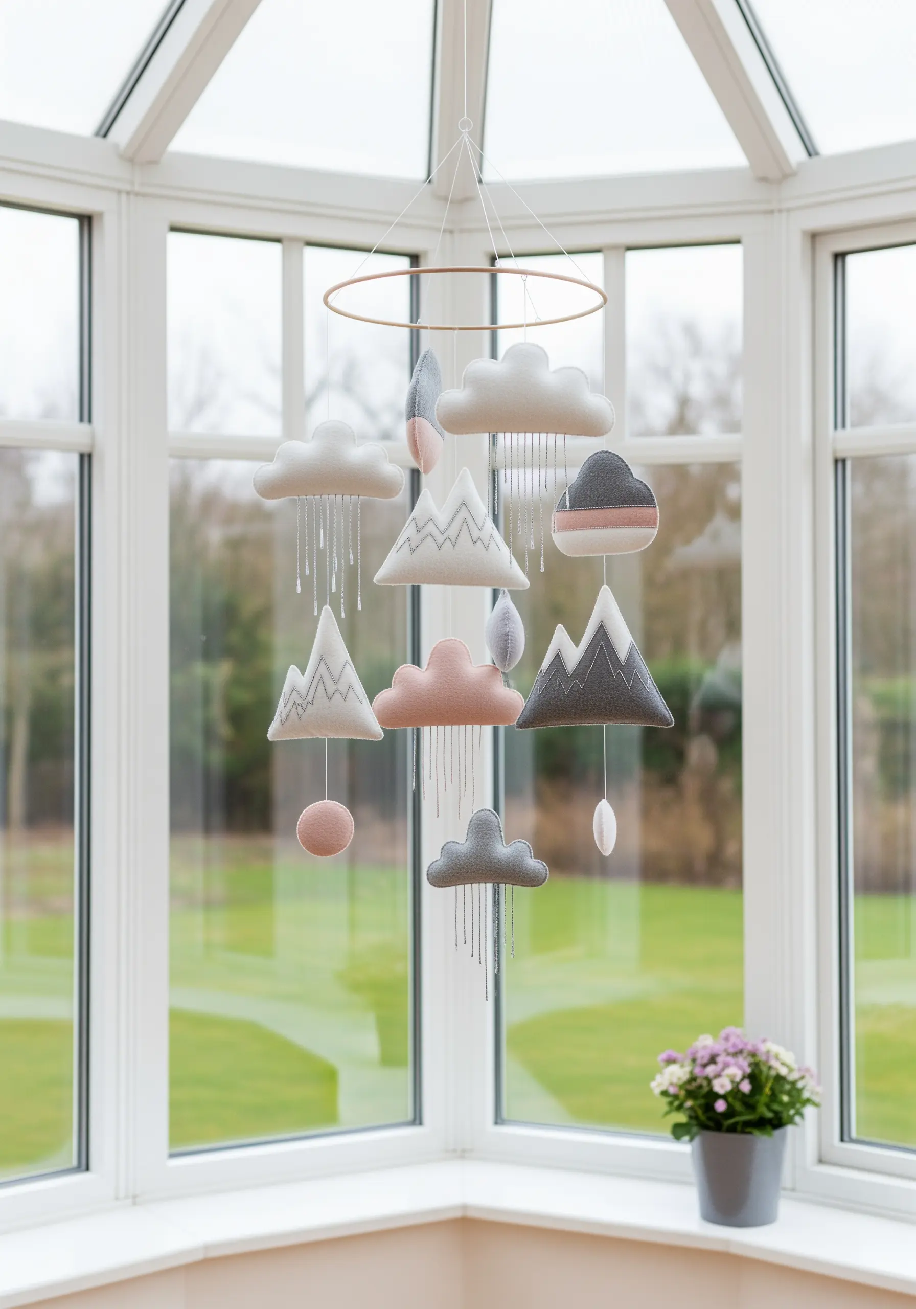 A nursery mobile made of stitched felt mountains and clouds in gray, white, and pink.