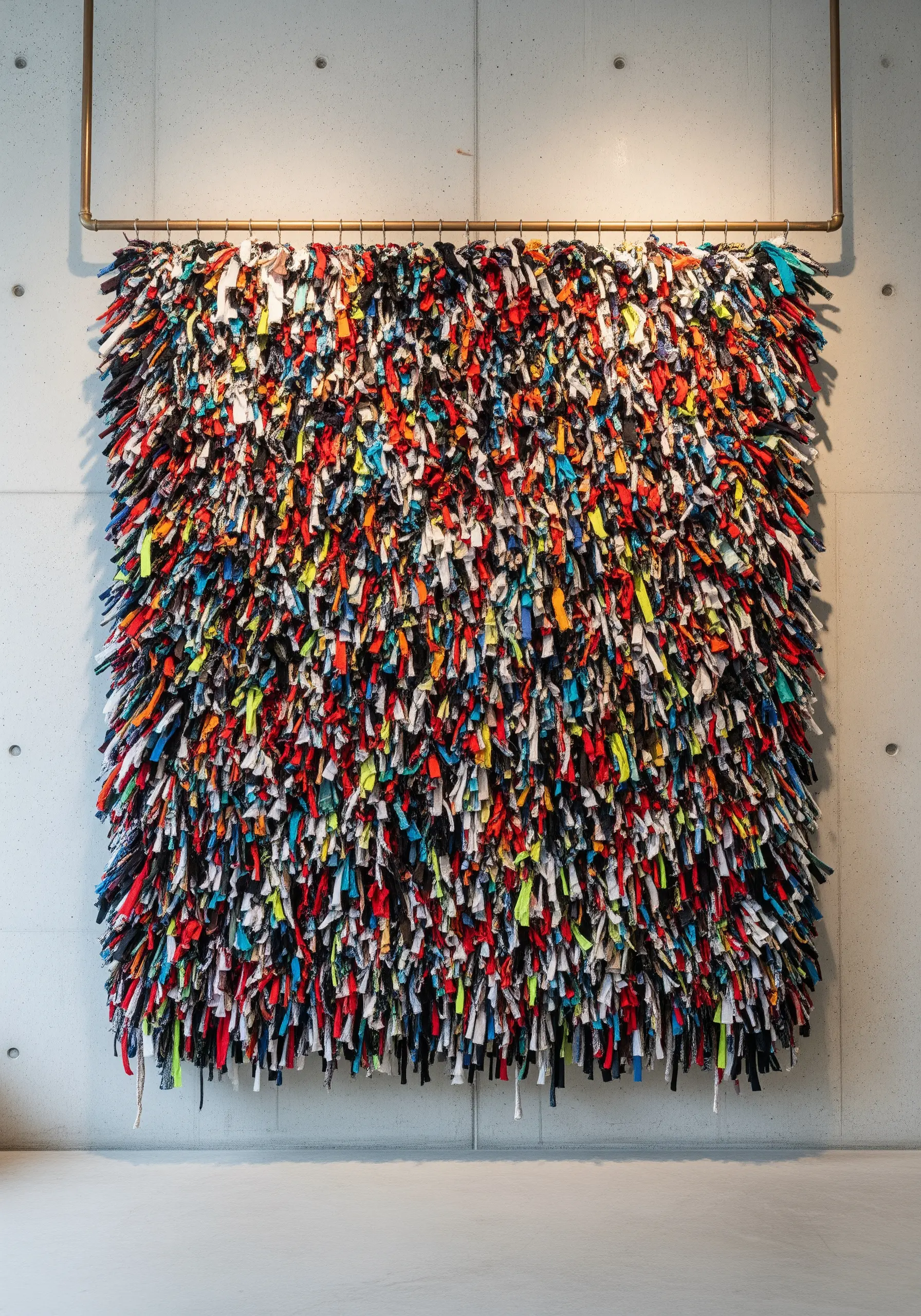 A large, dense shag wall hanging made from thousands of multicolored fabric scraps.