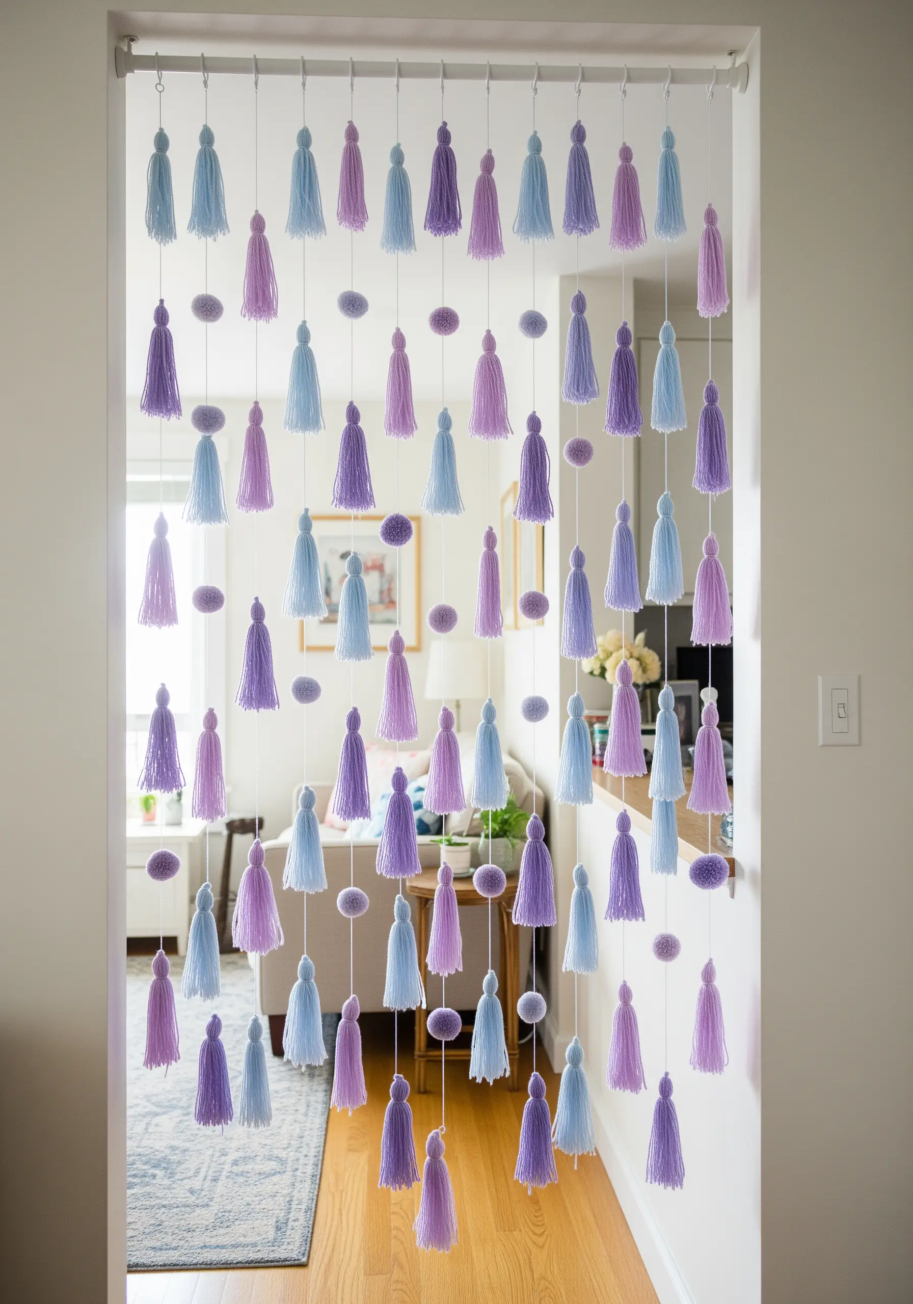 A doorway curtain made of hanging strands of purple and blue yarn tassels.