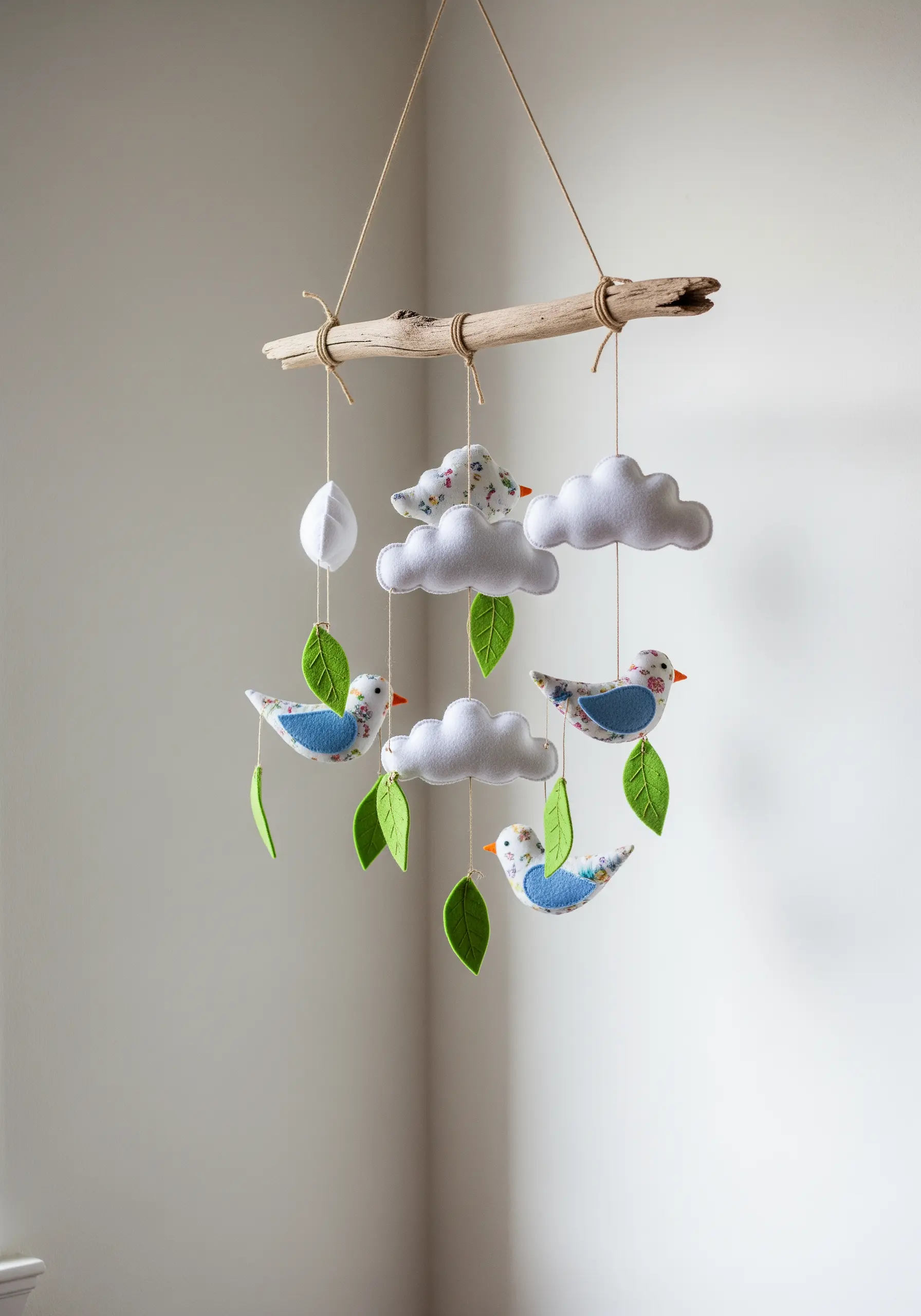 Handmade baby mobile with felt clouds, fabric birds, and leaves hanging from driftwood.