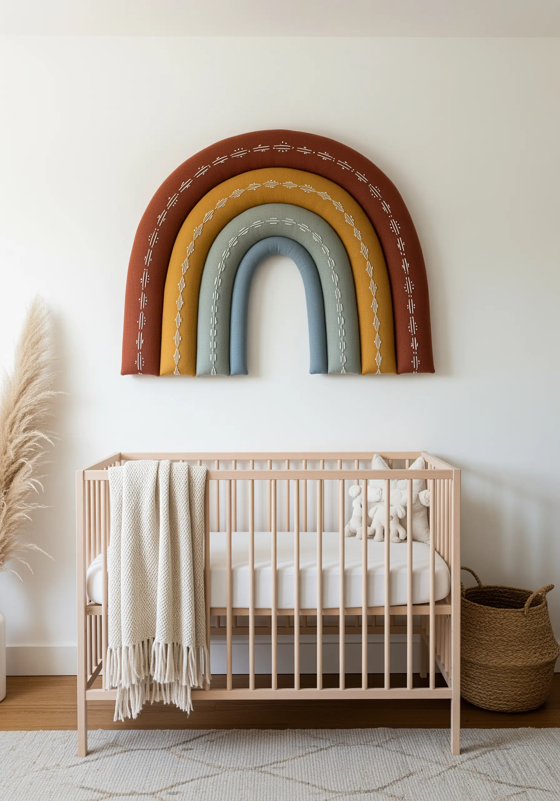 A large, plush rainbow wall hanging in muted earth tones above a baby's crib.