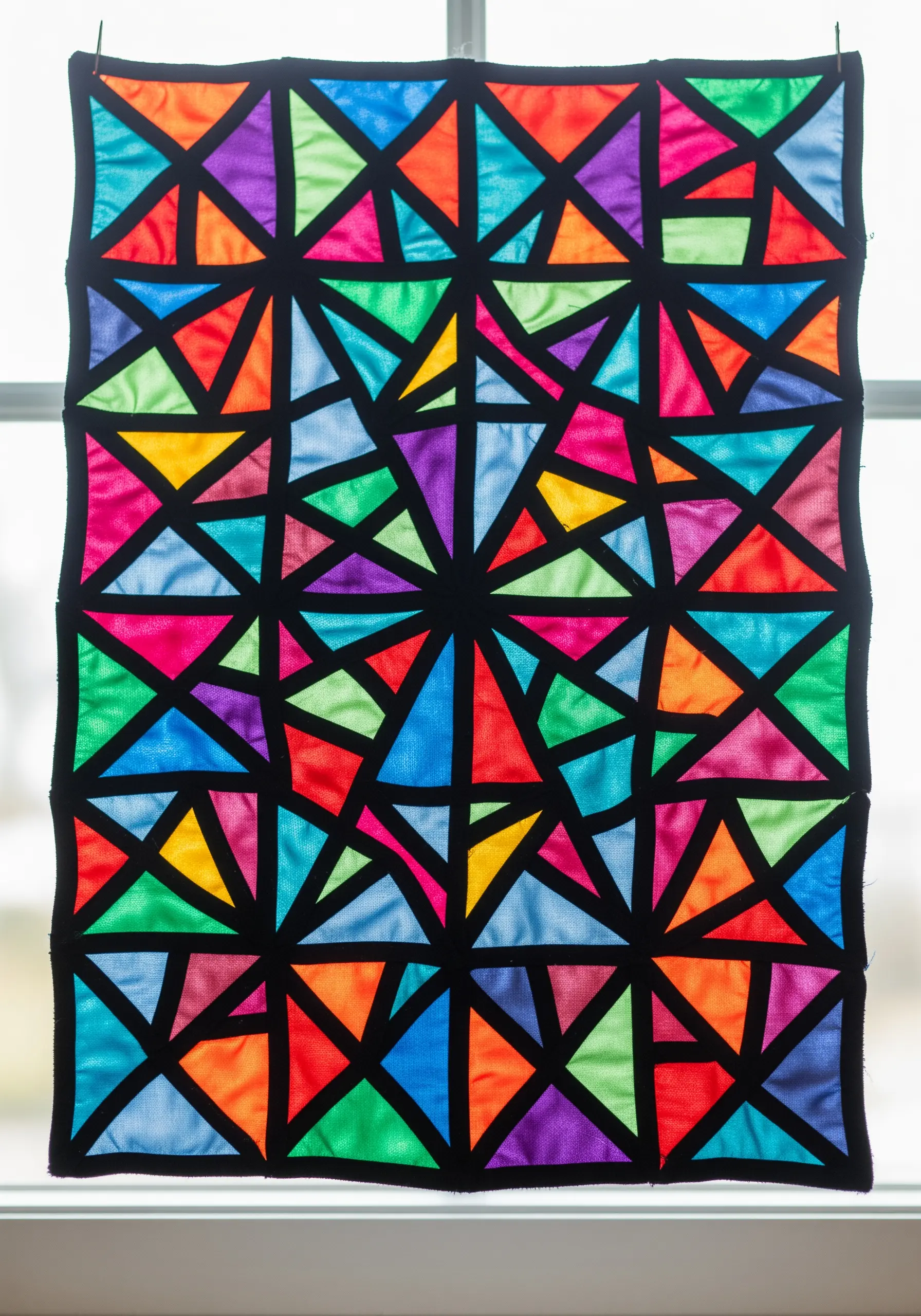A textile wall hanging that looks like a stained-glass window, with colorful fabric and black outlines