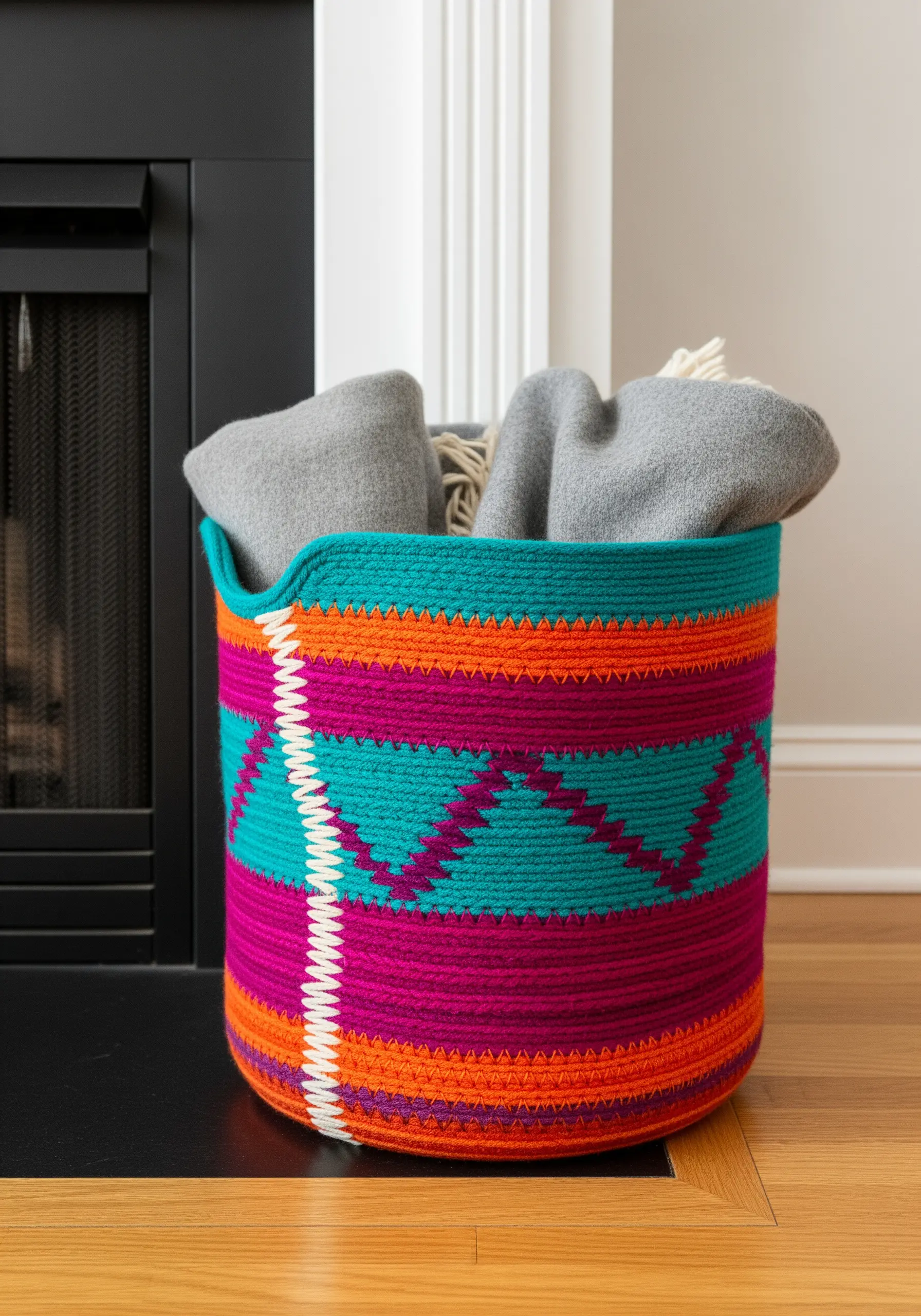 A colorful woven storage basket made from coiled rope and bright yarns.