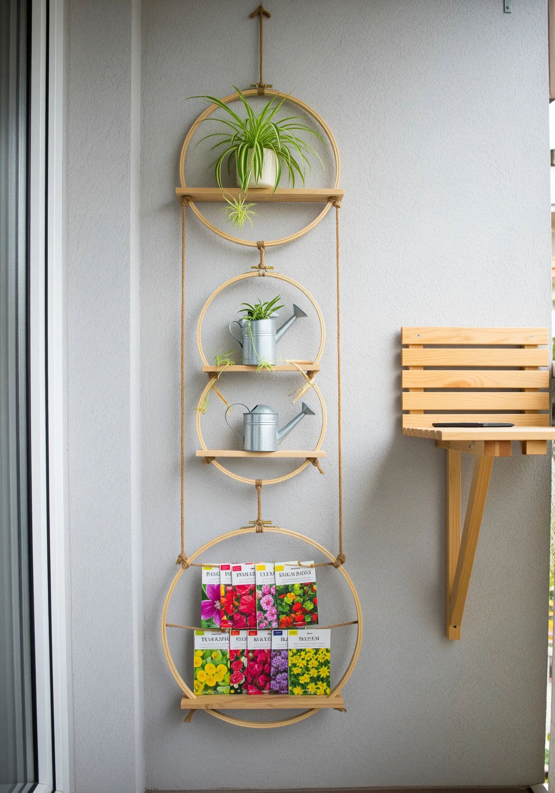 A hanging shelf made of three stacked embroidery hoops with wooden planks for storage.