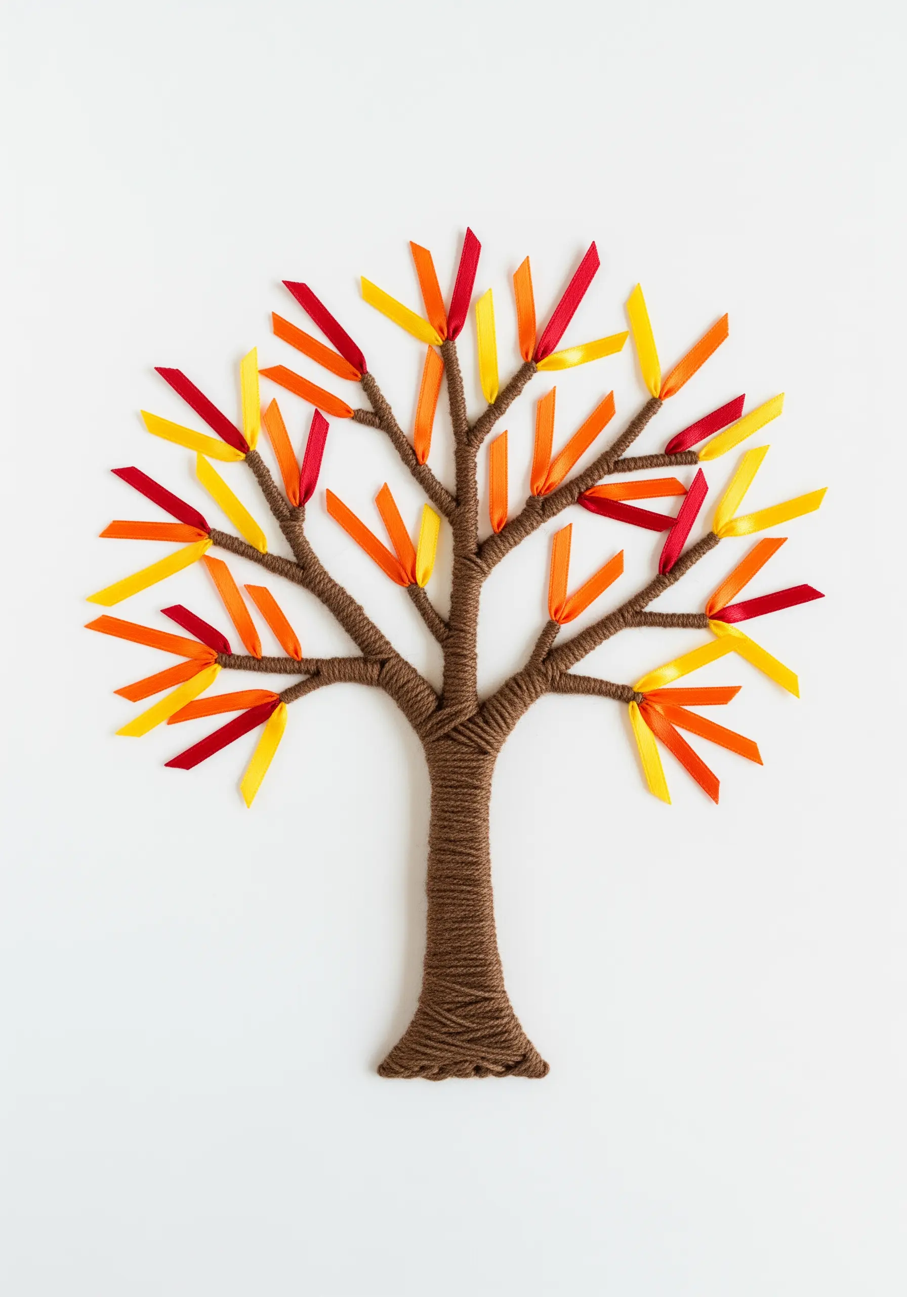 A 3D tree made from yarn-wrapped wire with small pieces of colorful ribbon for leaves.