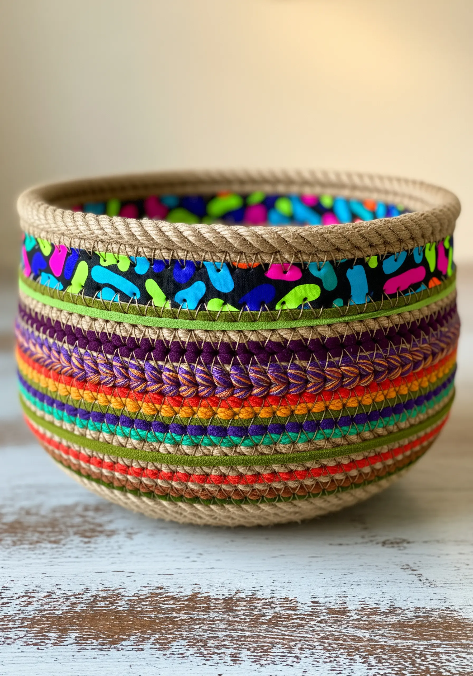 A coiled rope basket decorated with colorful wrapped thread and a vibrant fabric rim.