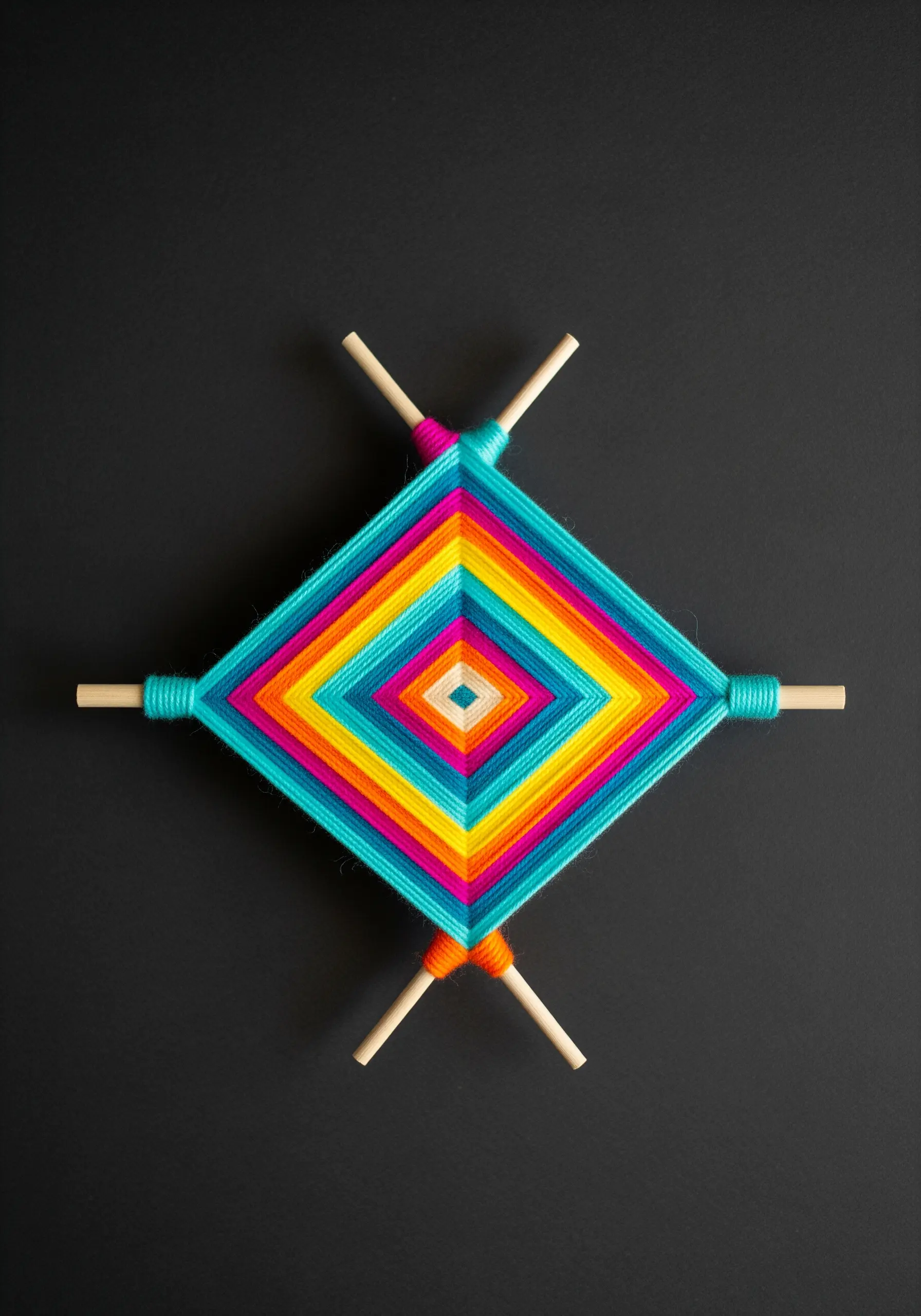 A colorful Ojo de Dios (God's Eye) yarn weaving on a black background.