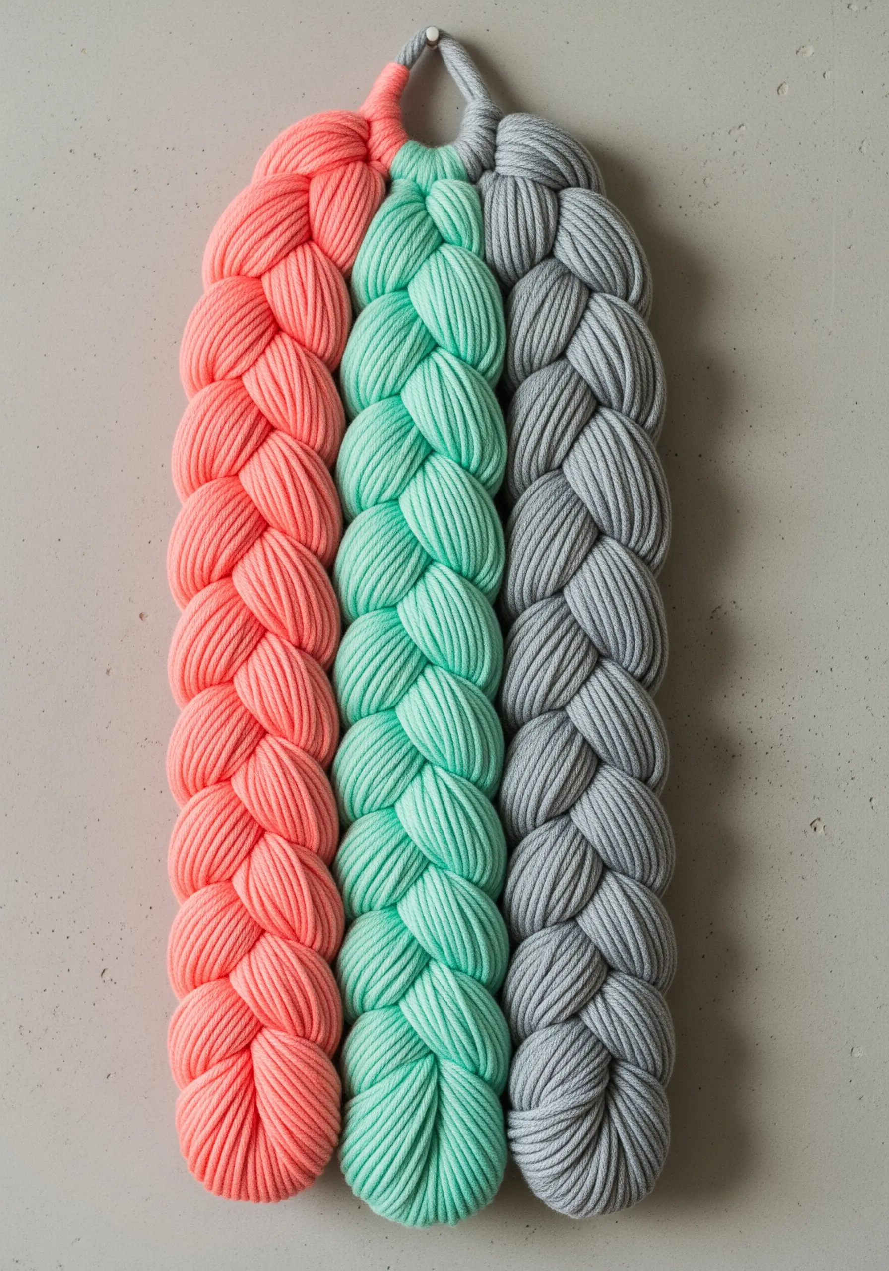 A wall hanging made of three thick, braided columns of yarn in coral, mint, and grey.