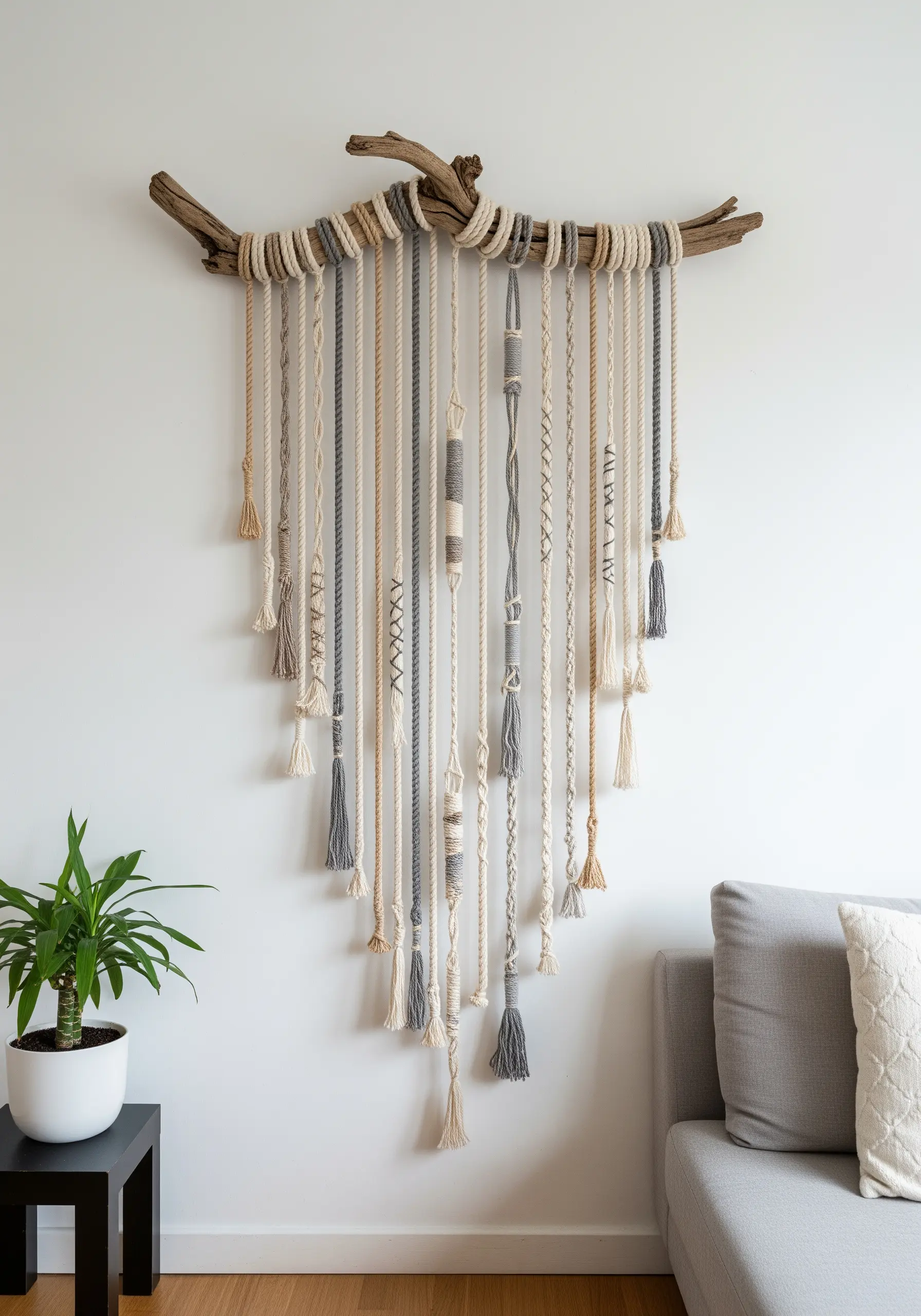 A wall hanging made from driftwood with various neutral-toned ropes and yarns.