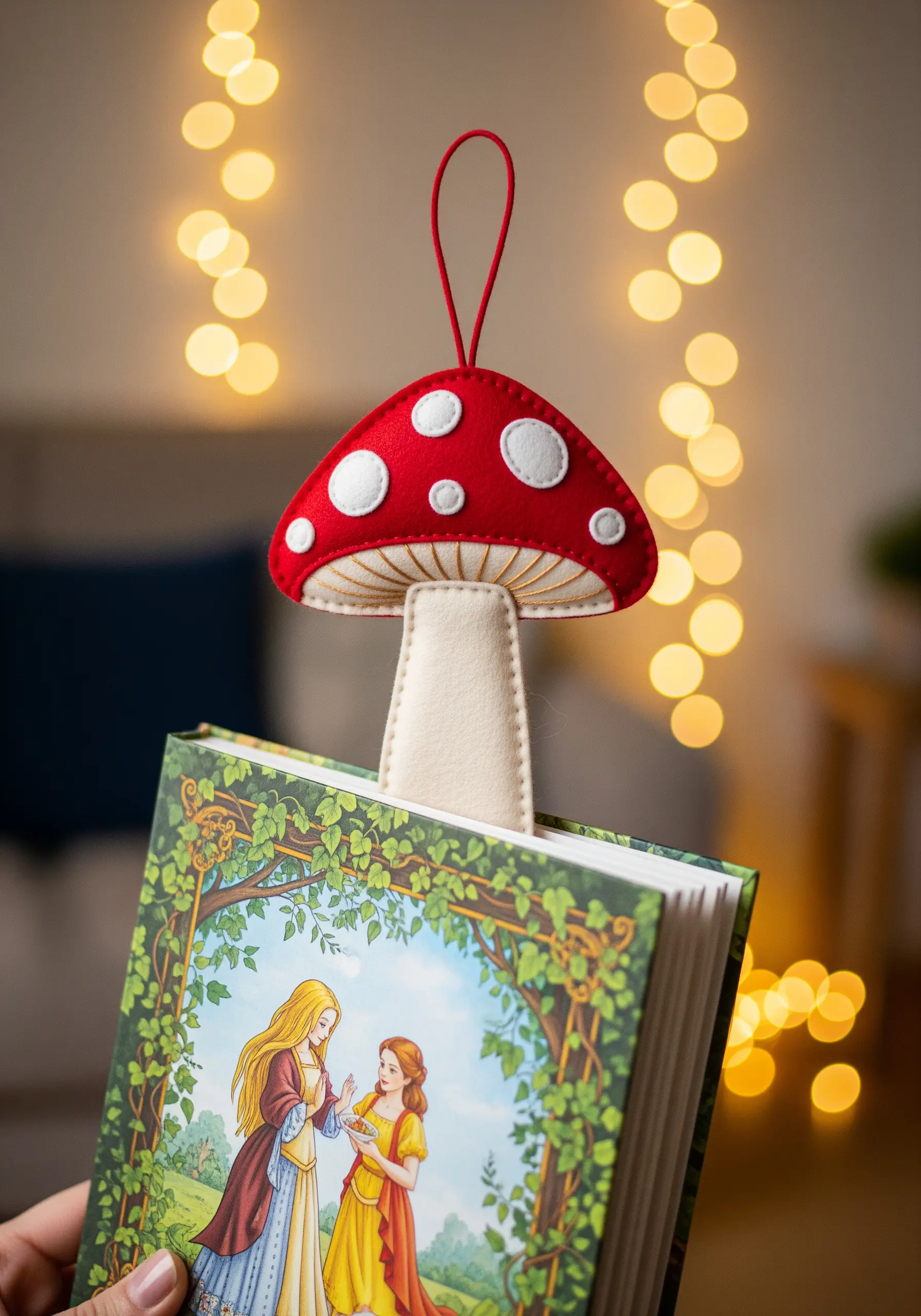 Red and white felt mushroom bookmark, constructed with simple appliqué techniques.