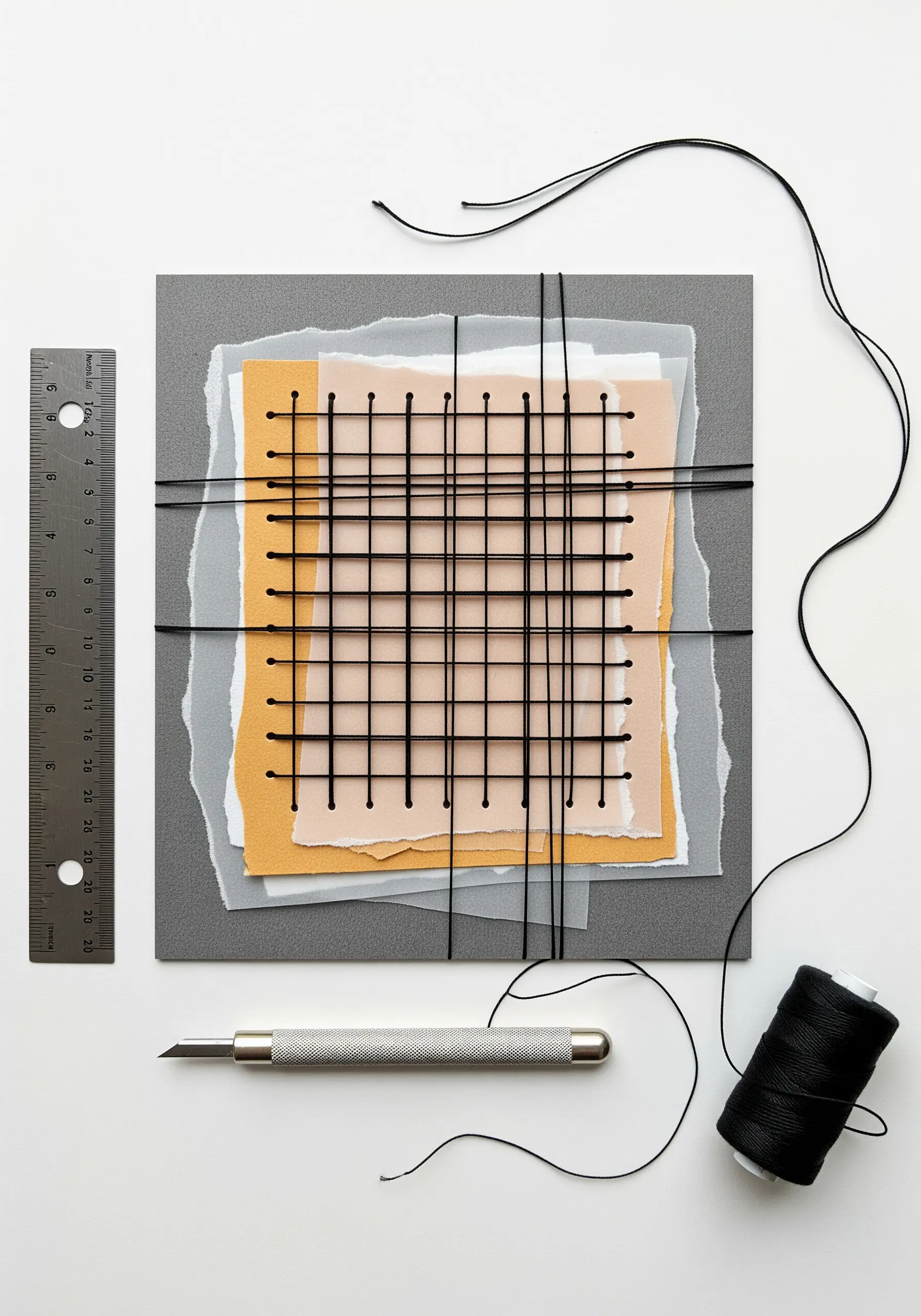 Black thread woven through layered paper in a precise grid pattern.