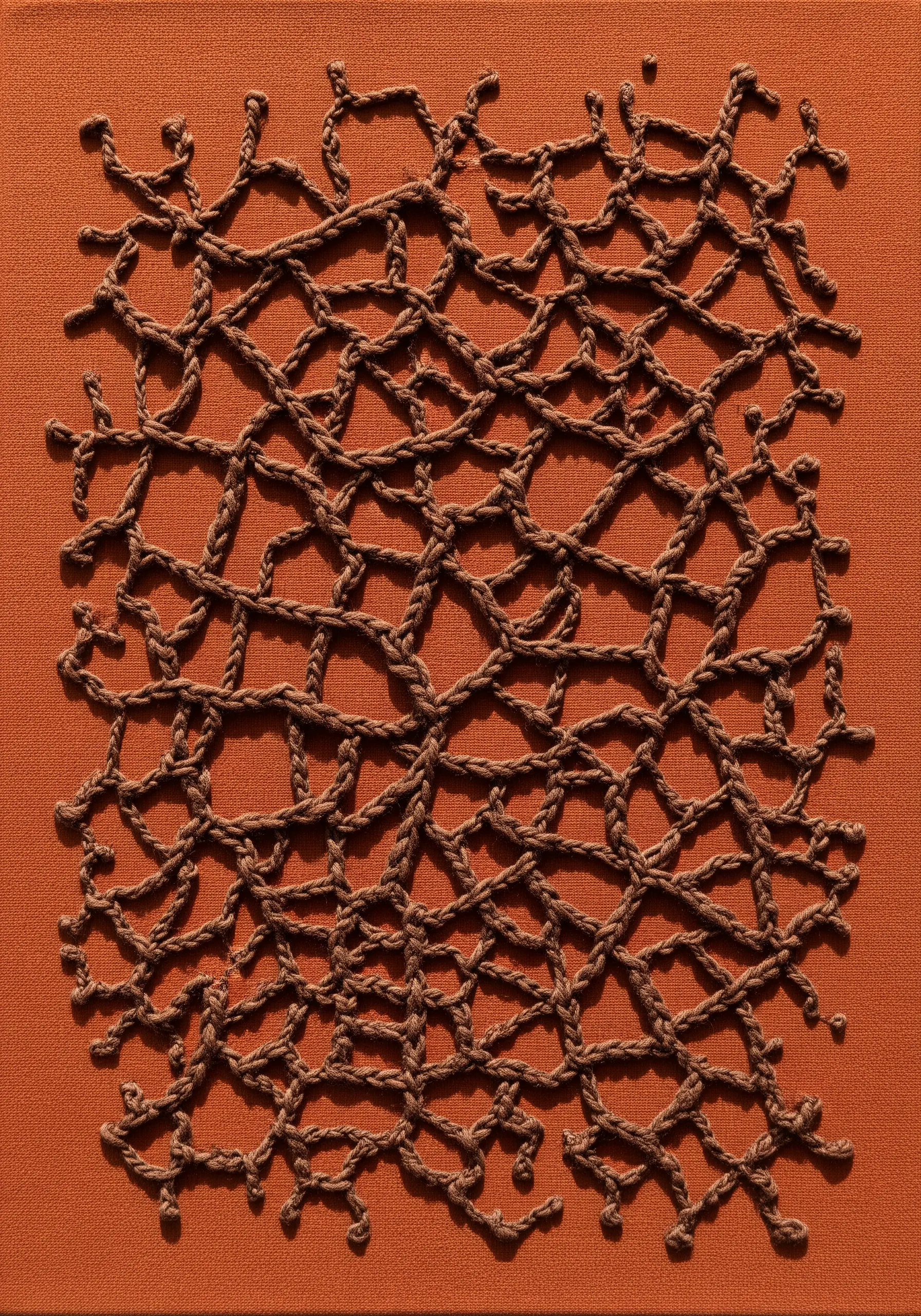 Abstract embroidery on orange fabric, creating a knotted, net-like brown pattern.