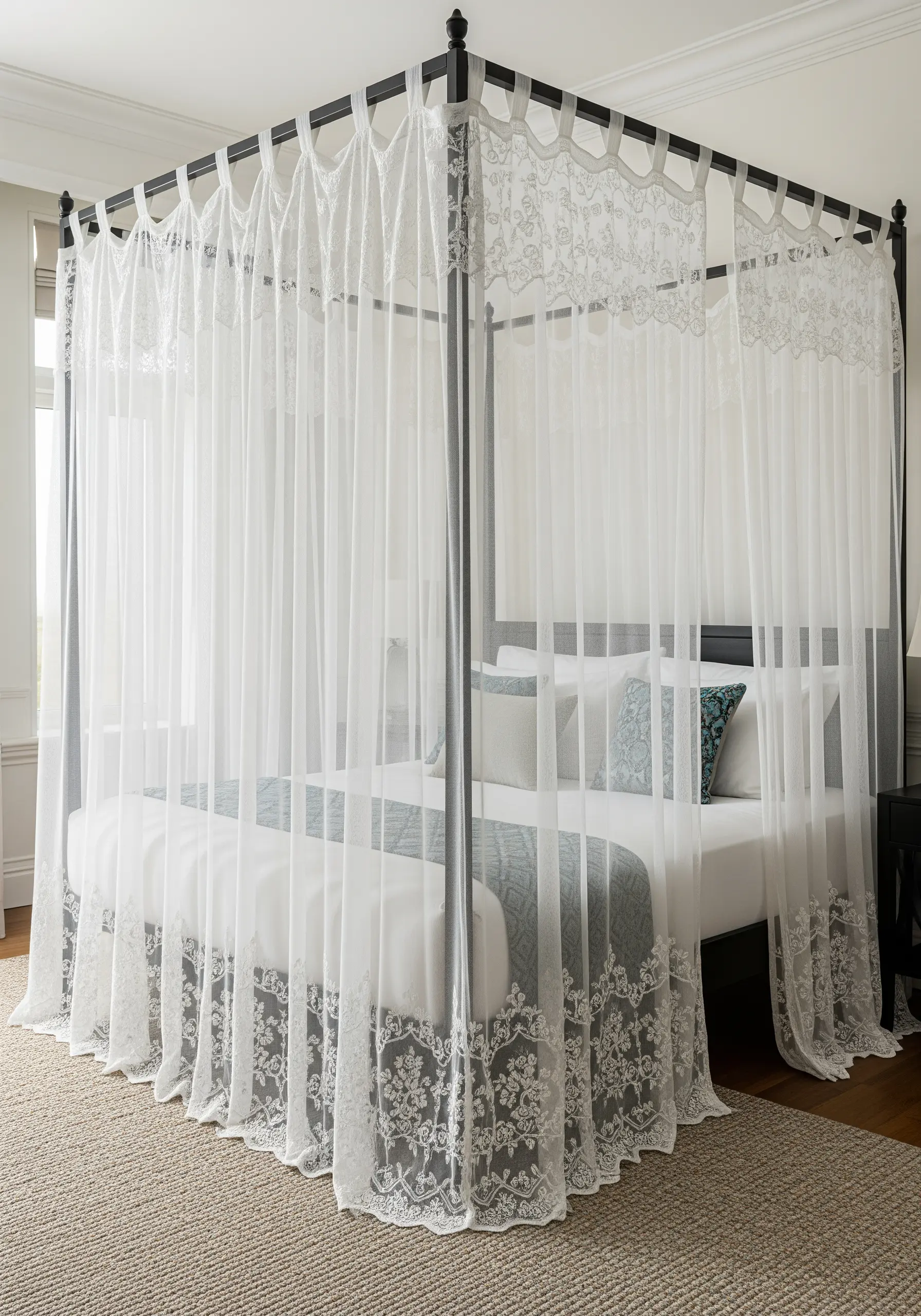 Sheer white bed canopy curtains with intricate, lace-like floral embroidery along the borders.