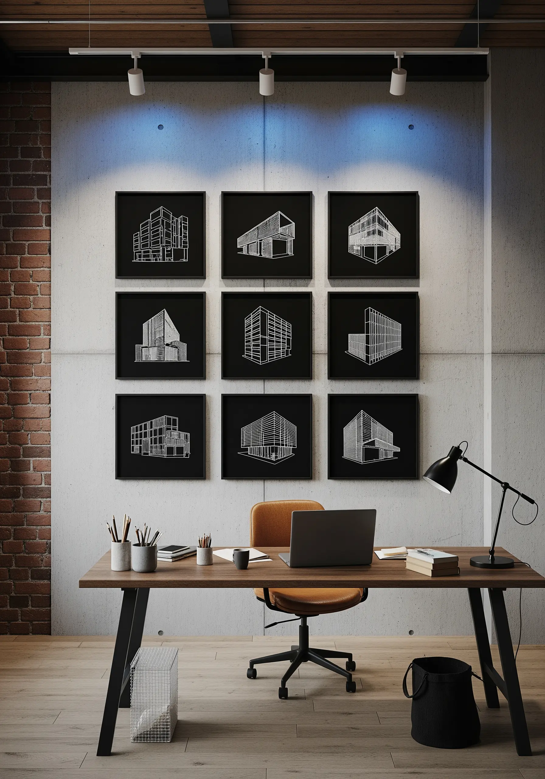 A grid of nine framed architectural embroideries in white thread on black fabric