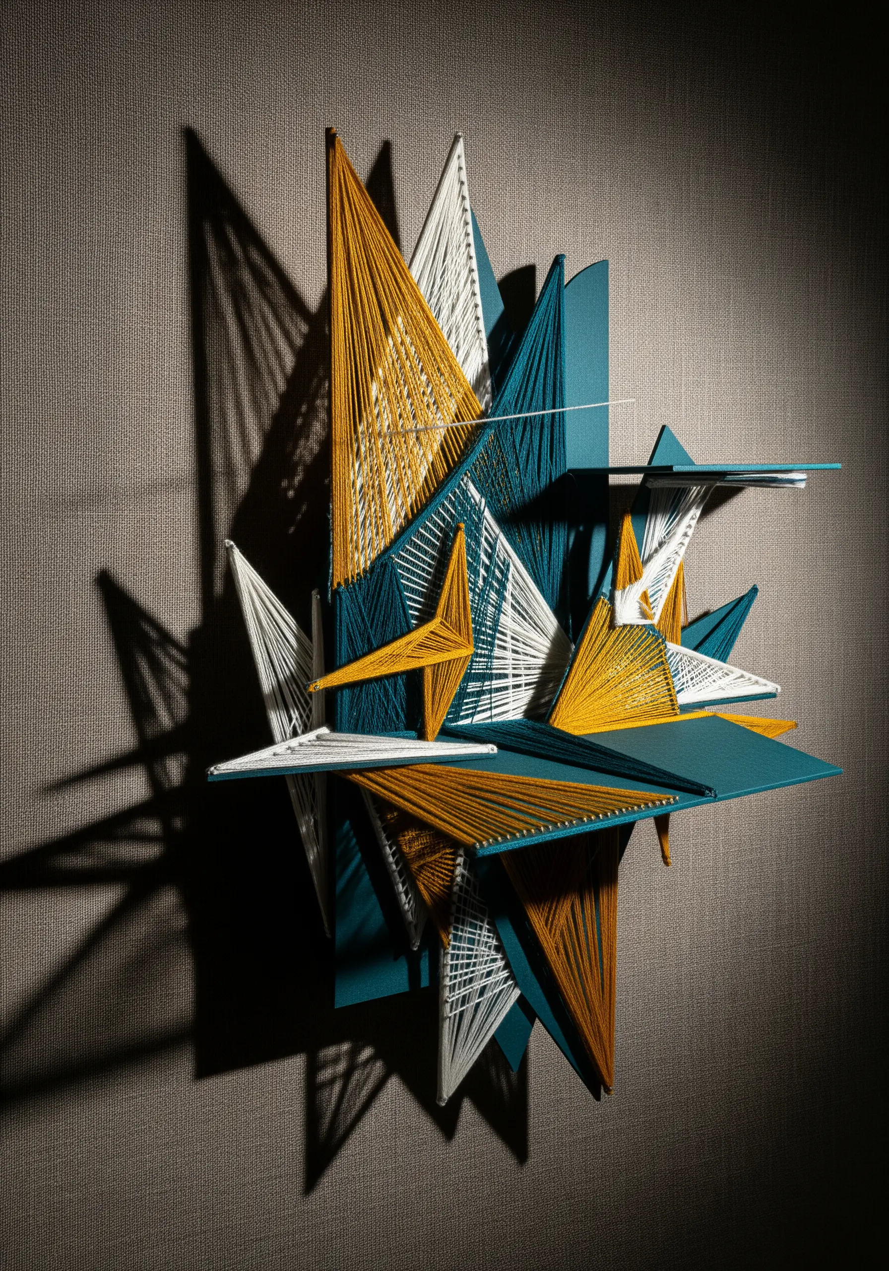 A 3D architectural string art piece with white and yellow thread stretched between teal planes.