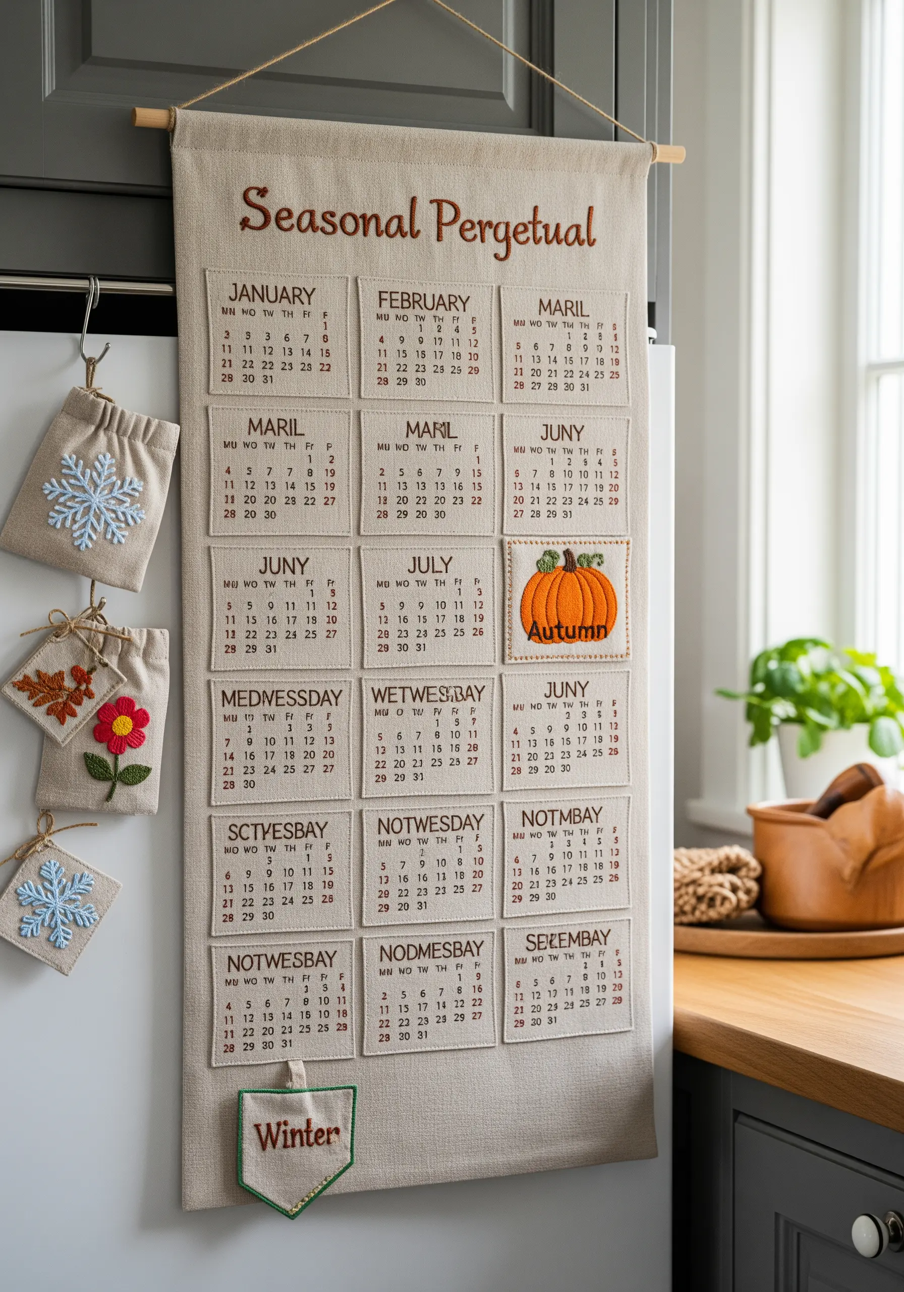 A handmade perpetual calendar on linen with interchangeable embroidered patches for months and days.