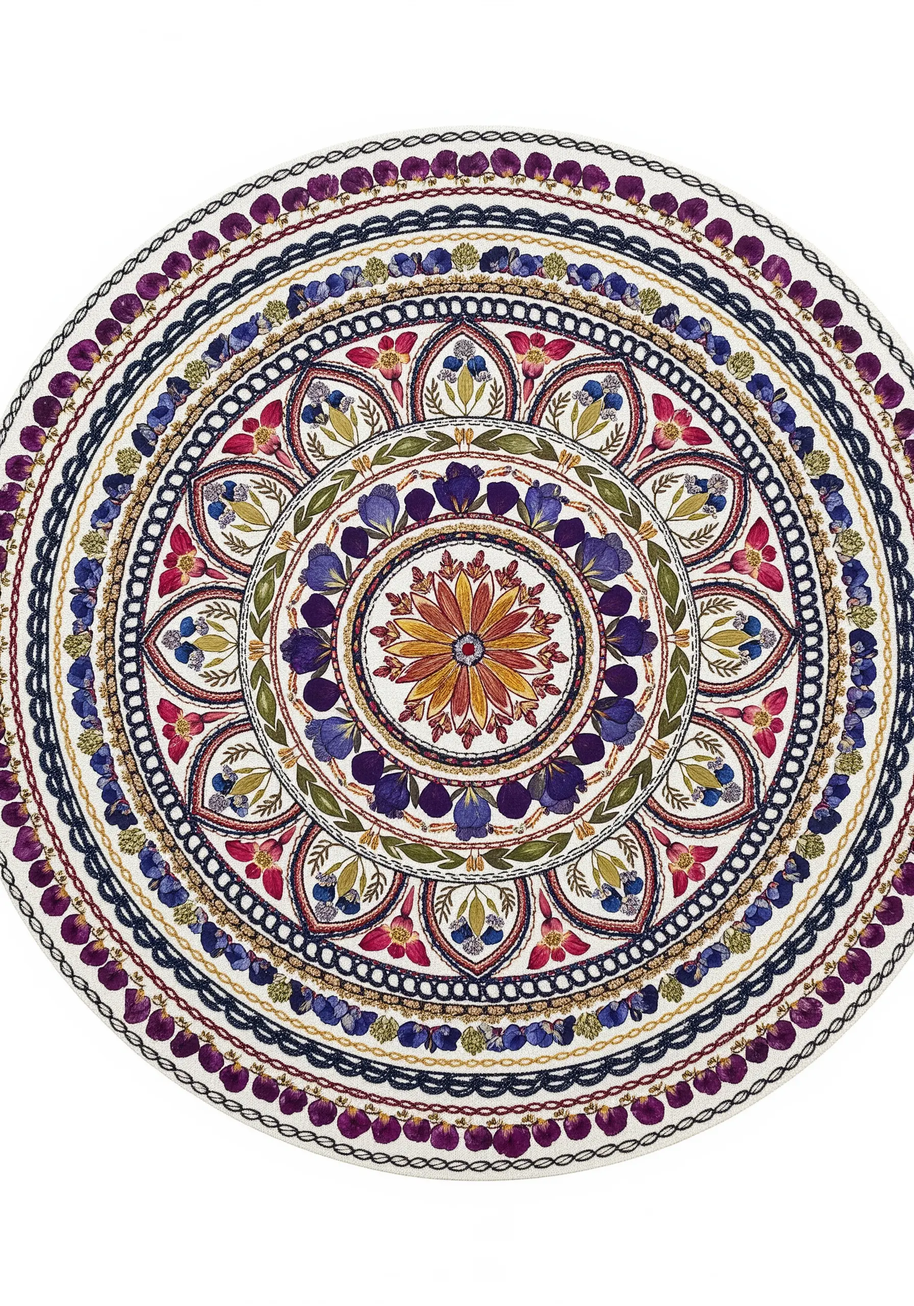 A detailed circular mandala made with a combination of embroidery and pressed flowers.