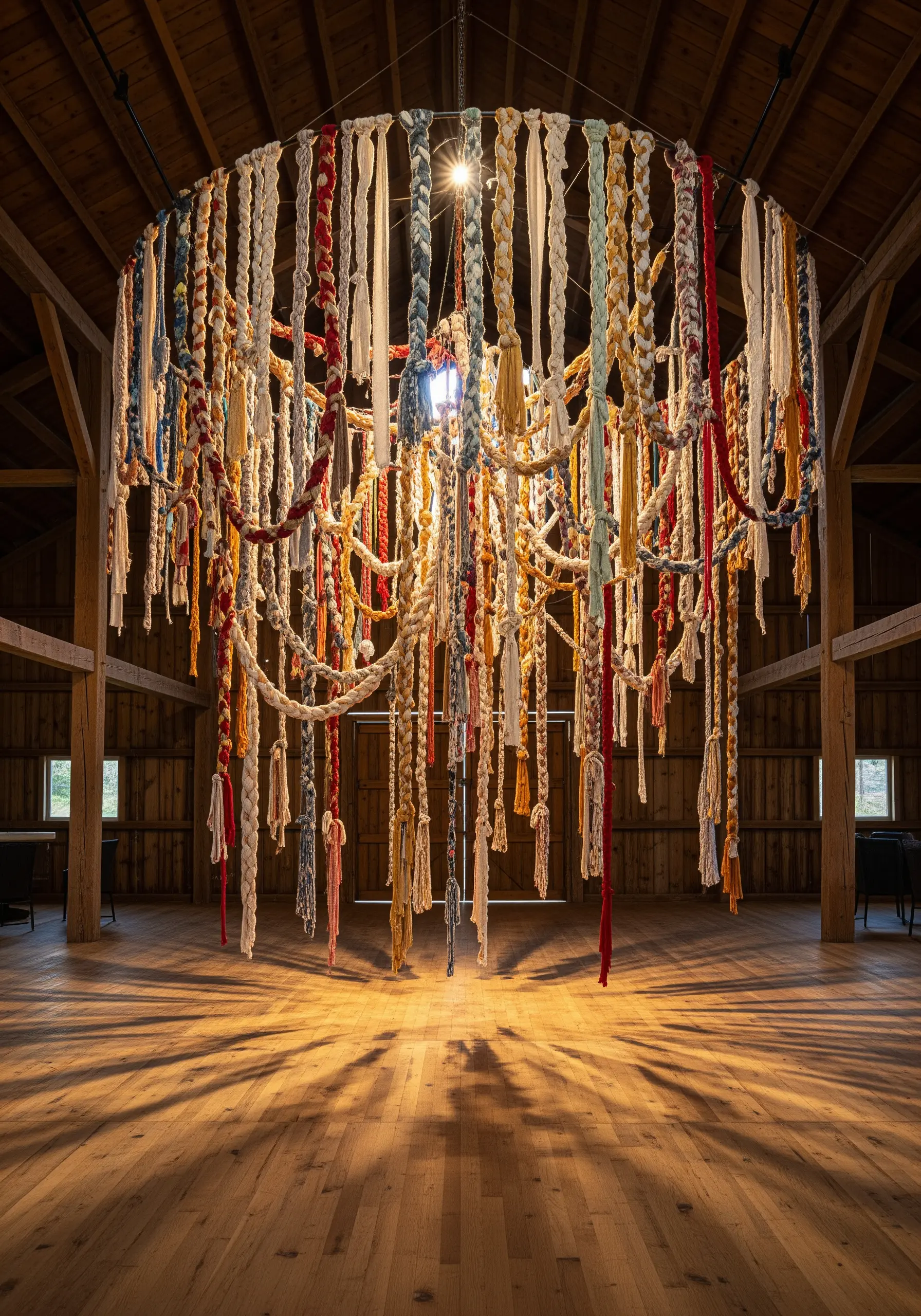 A rustic chandelier made from multicolored braided and knotted fabric ropes hanging in a barn.