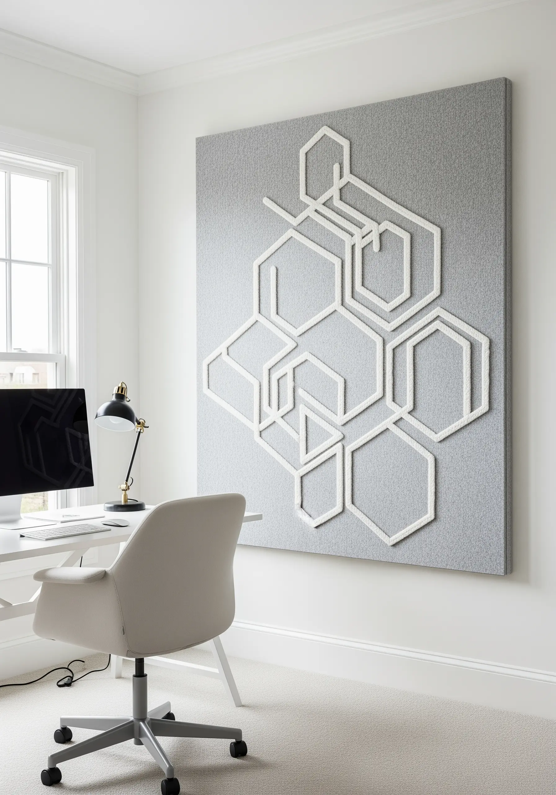 A large grey felt panel in an office with an abstract geometric design made of white couched cord.