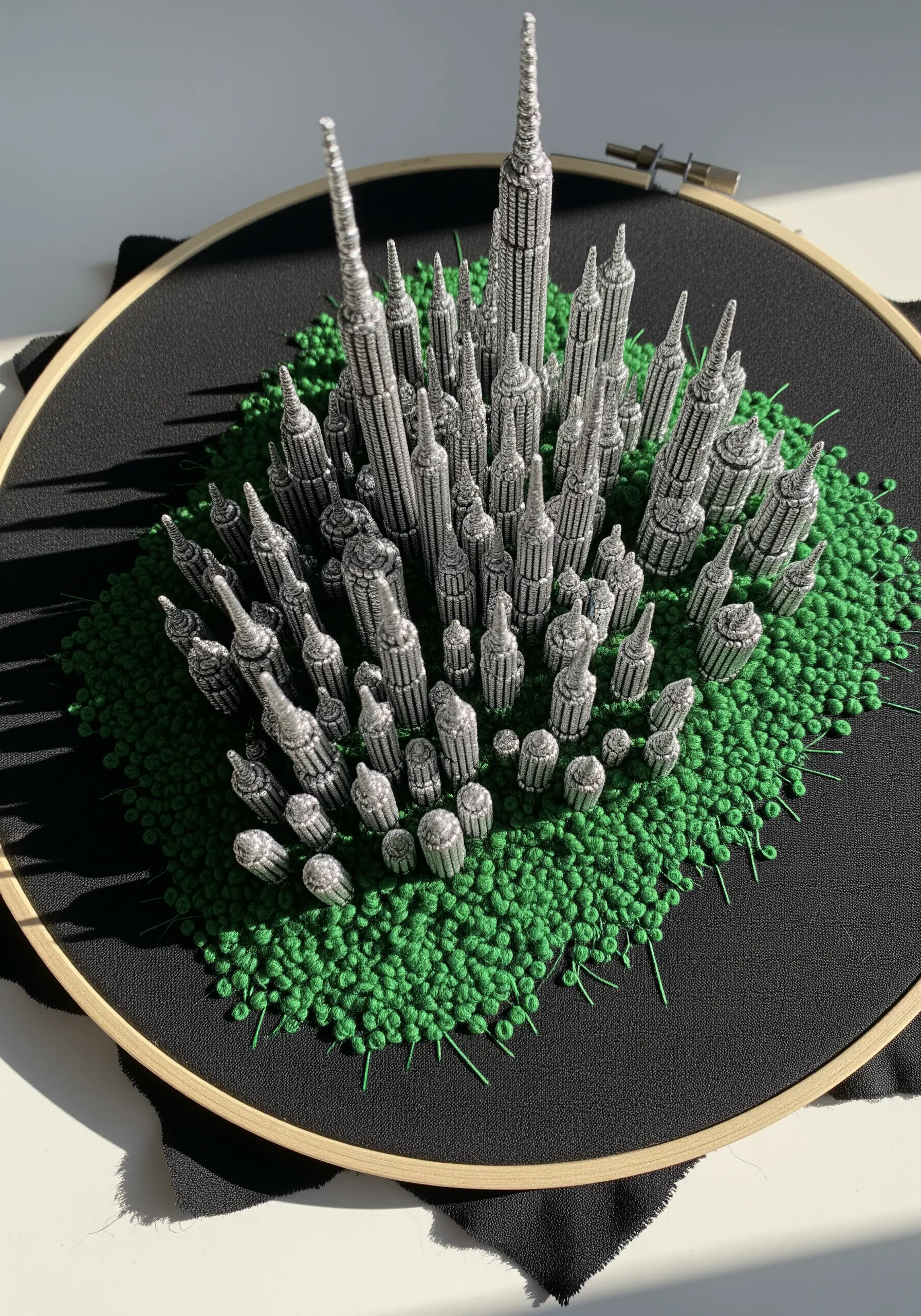 3D embroidered cityscape with tall silver buildings on a field of green French knots