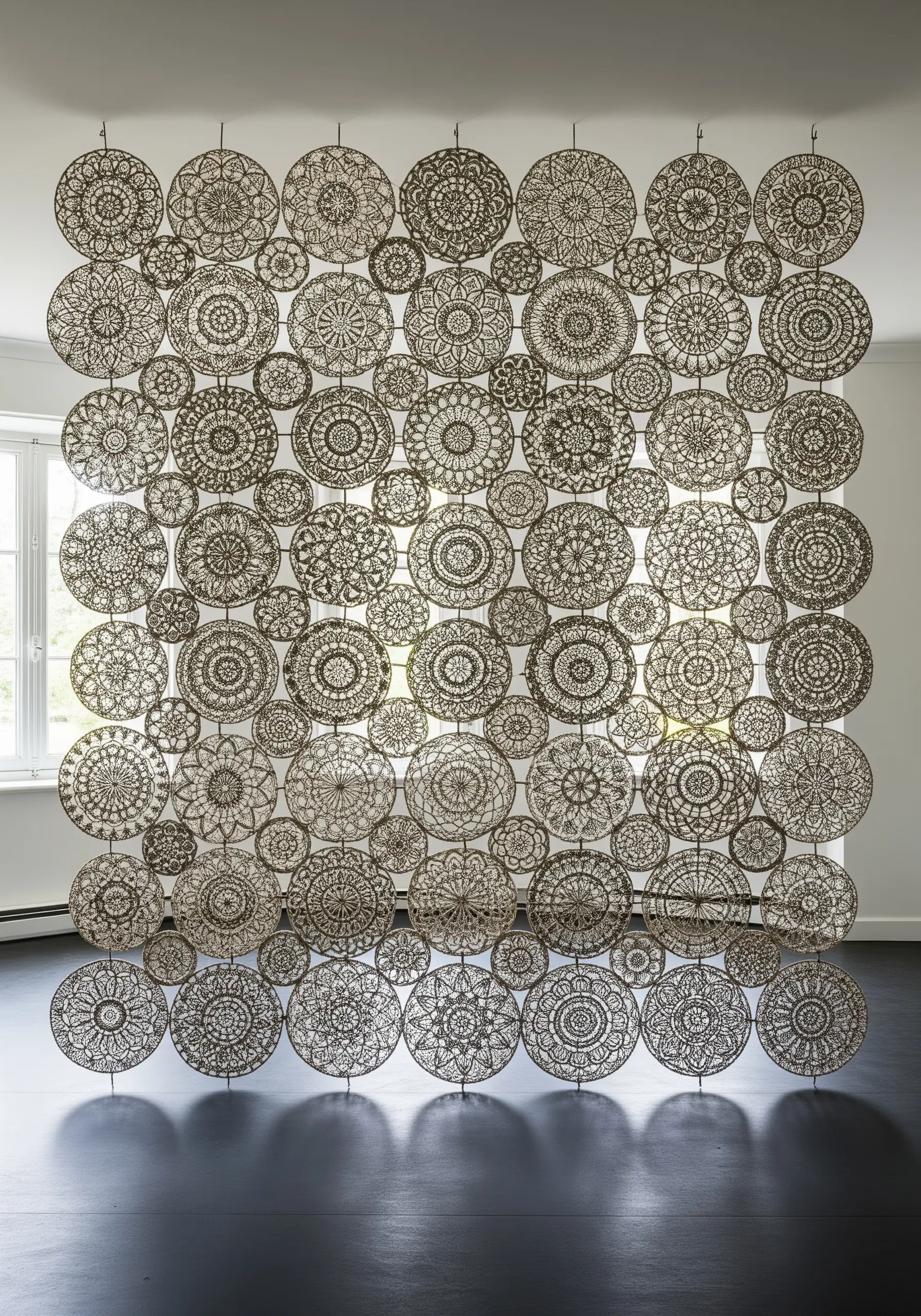 A large room-divider screen made from hundreds of interconnected circular lace mandalas.