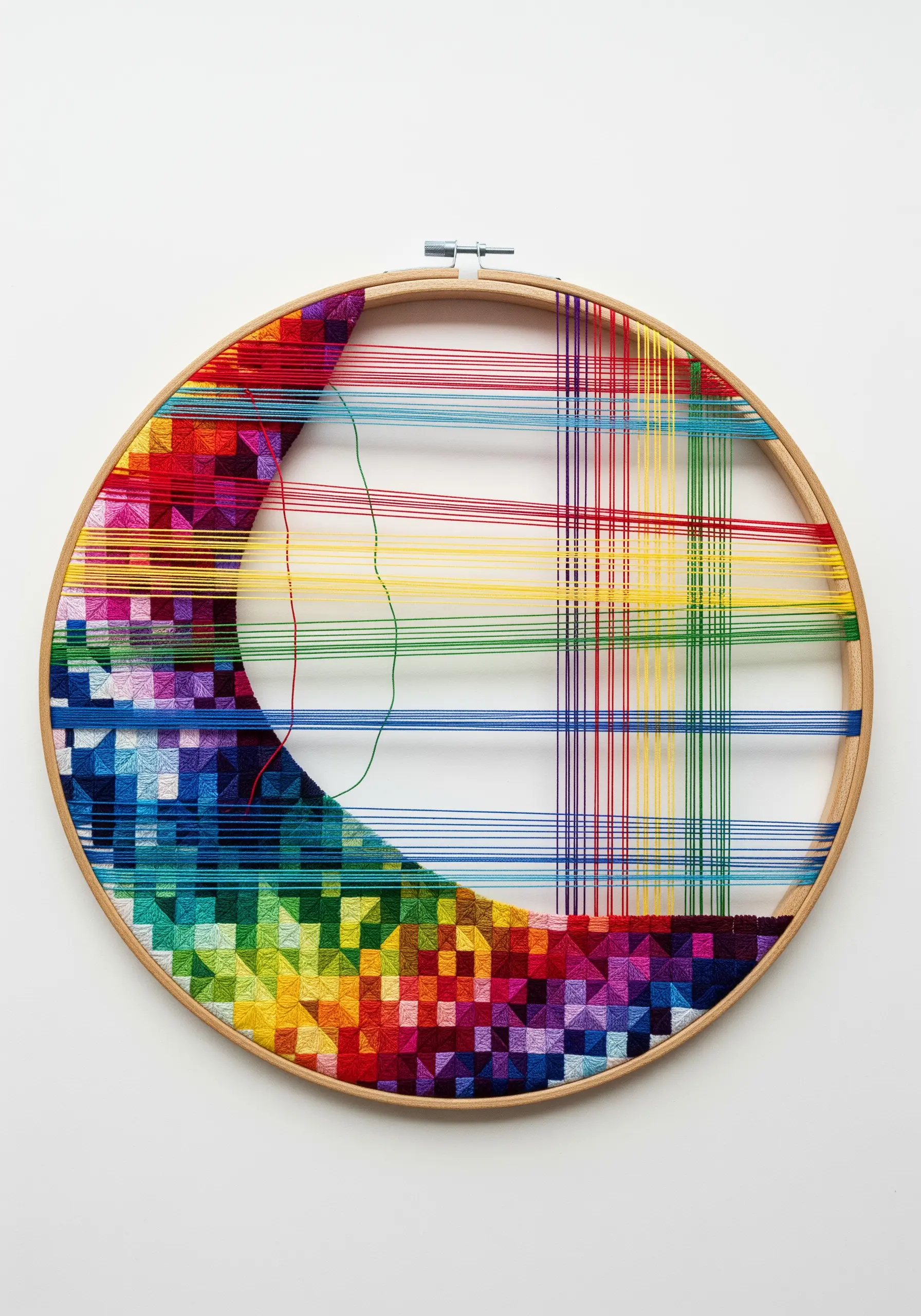 Embroidery hoop with geometric satin stitch and long, spanned threads creating a colorful design.