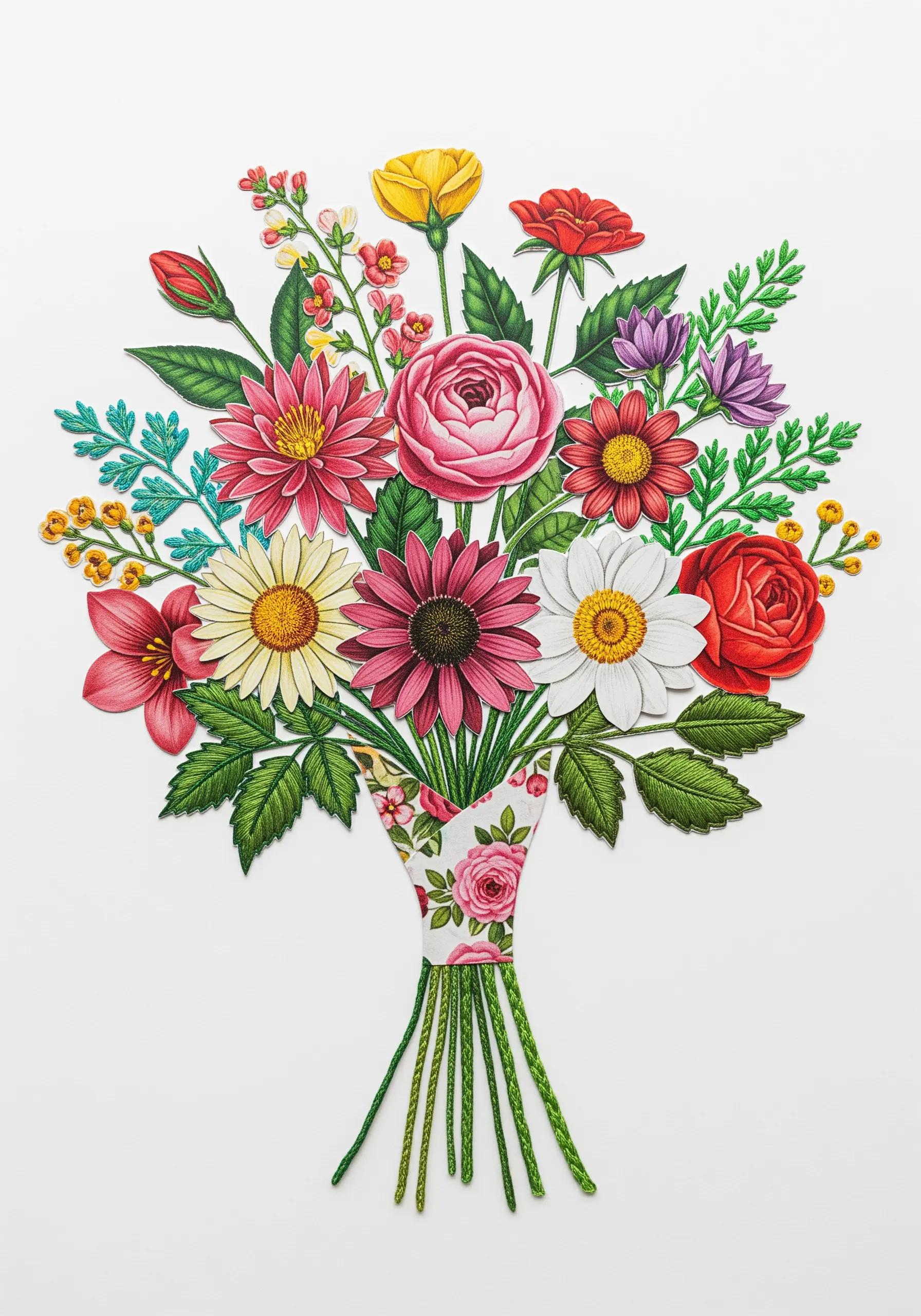 A vibrant bouquet of paper flowers with green stems made from wrapped thread.