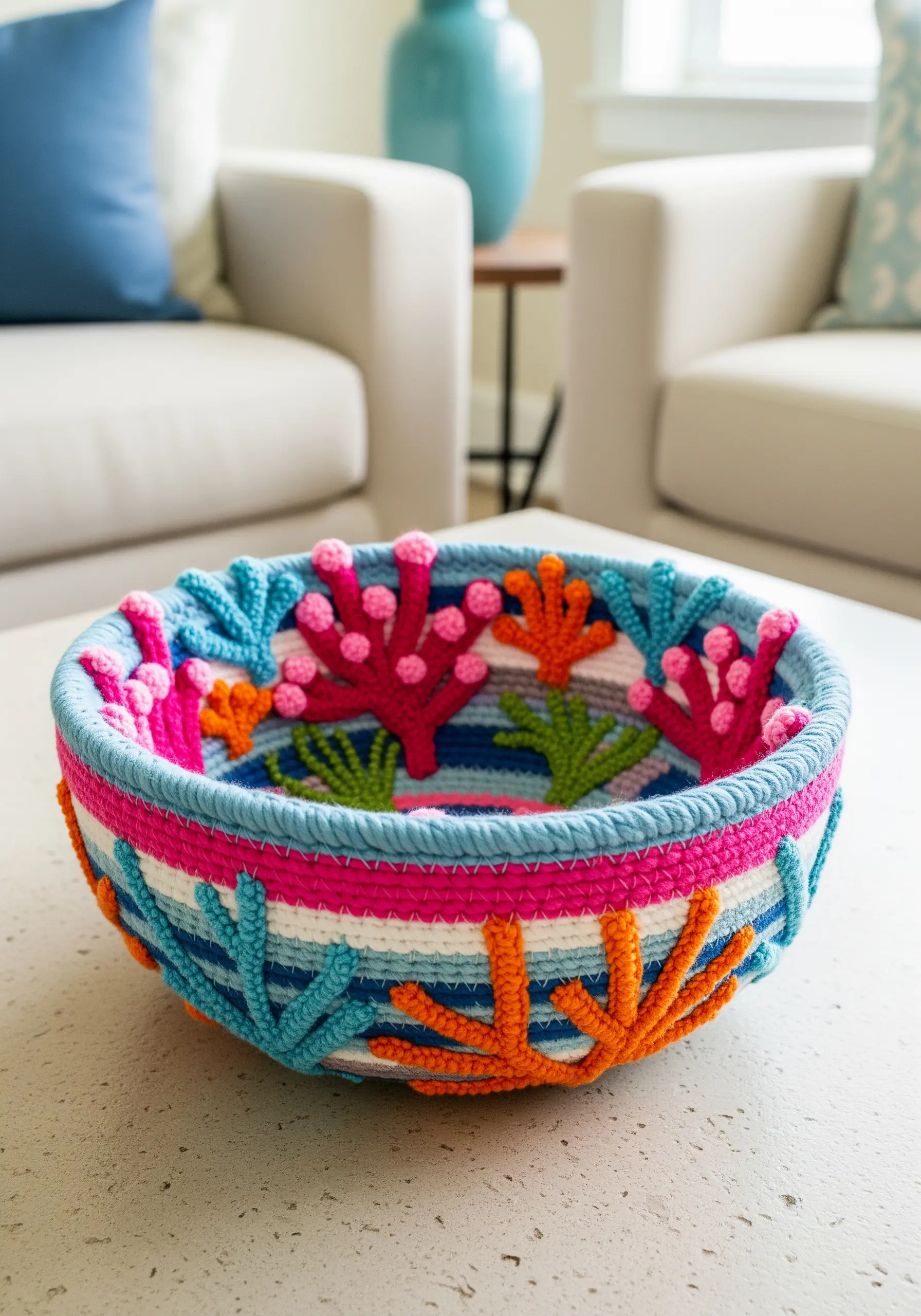 A coiled rope bowl embellished with colorful embroidered coral structures using dimensional stitches.