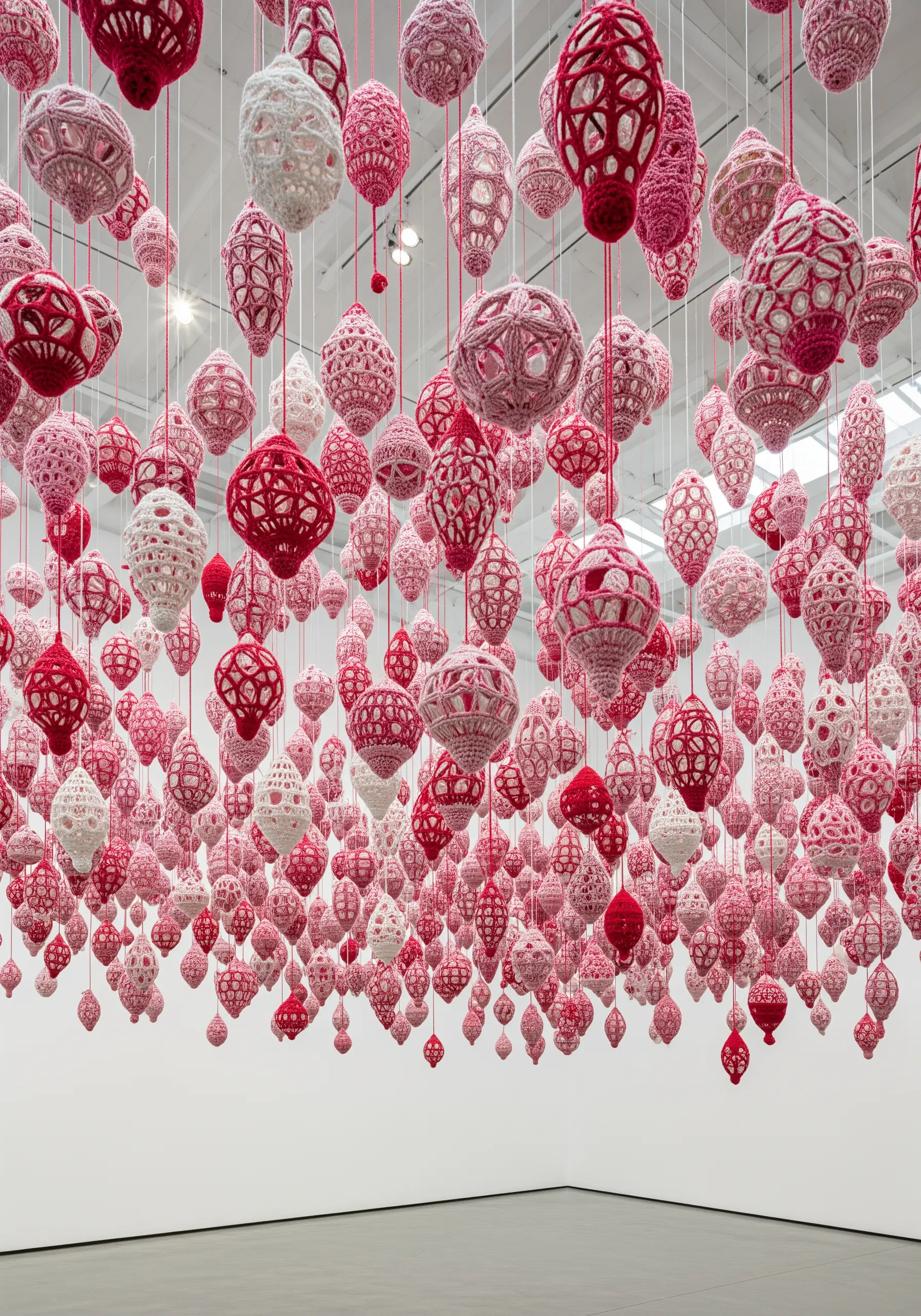 Hundreds of intricate pink, red, and white crocheted lanterns hanging from a ceiling.