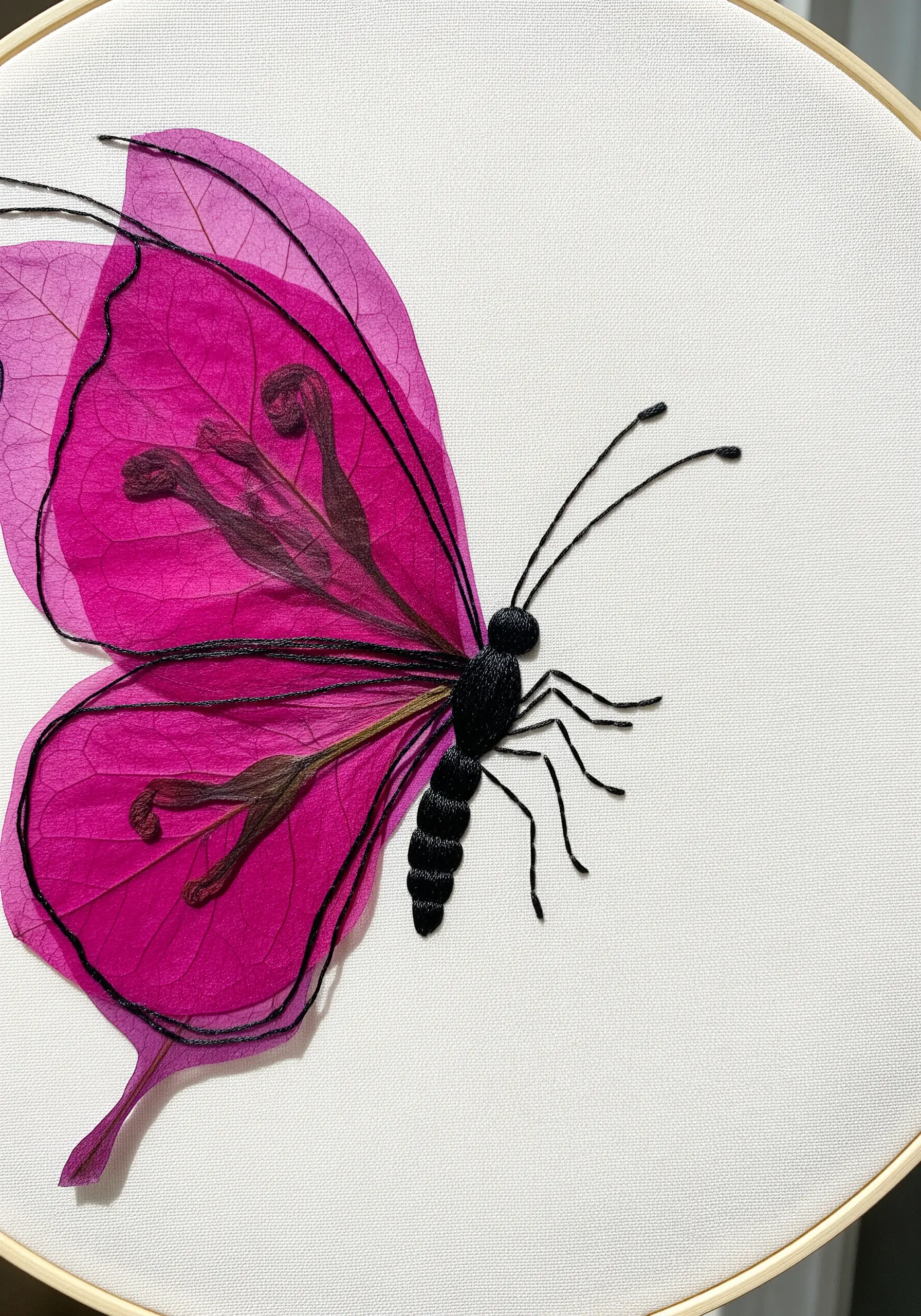 A butterfly with wings made from sheer pink bougainvillea petals and a stitched black body and antennae.