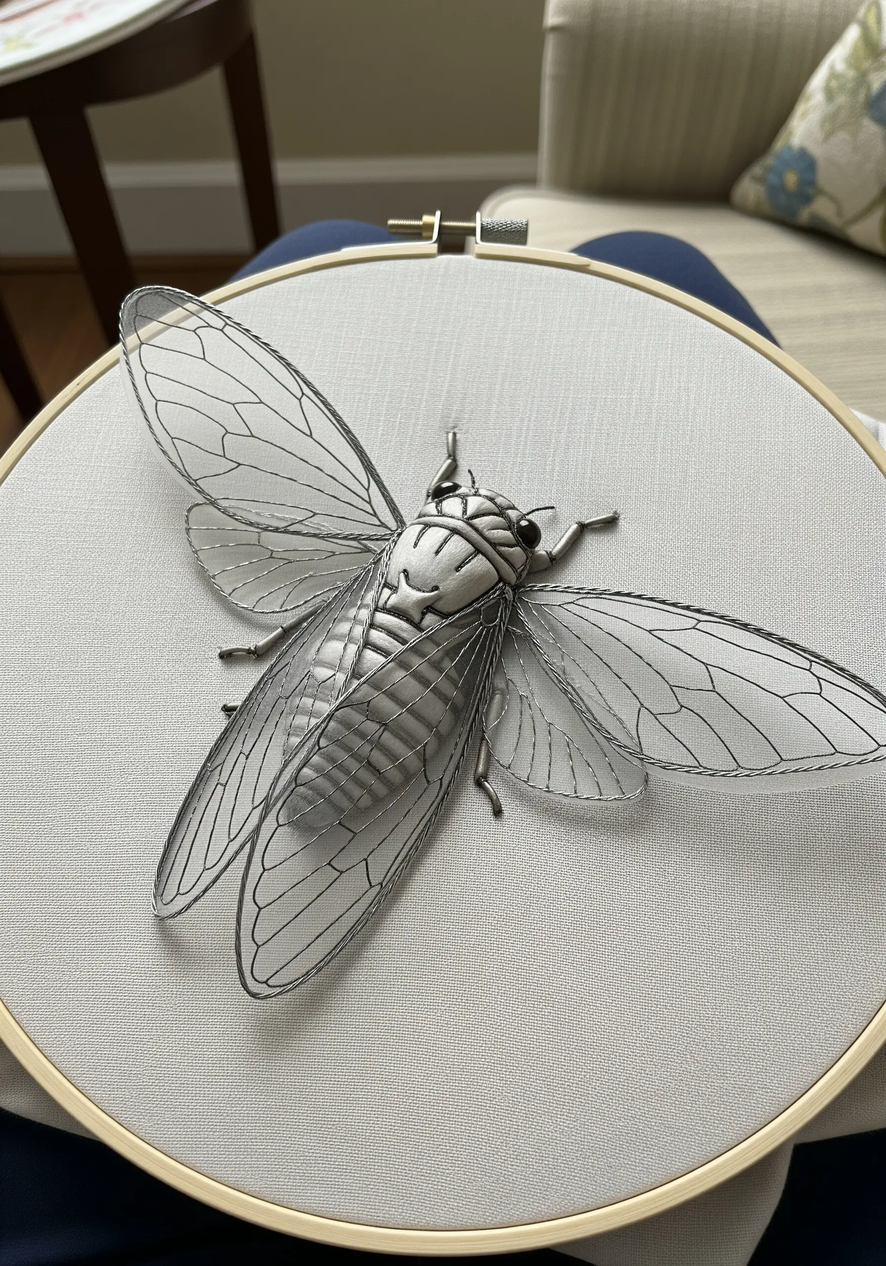 A hyper-realistic stumpwork cicada with translucent wings made from wire and sheer fabric.