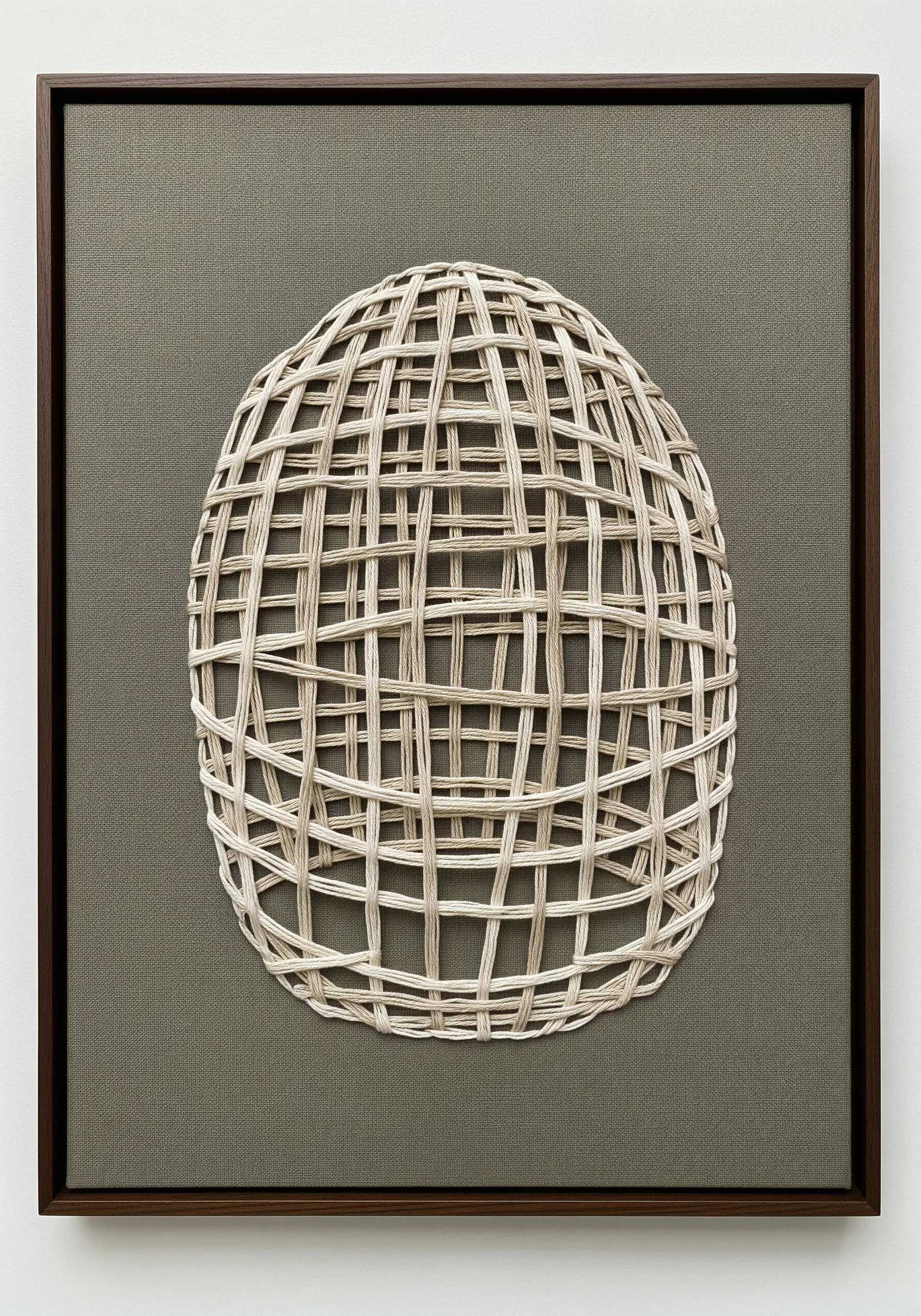A spherical, basket-like shape created by weaving threads on a gray-green canvas.