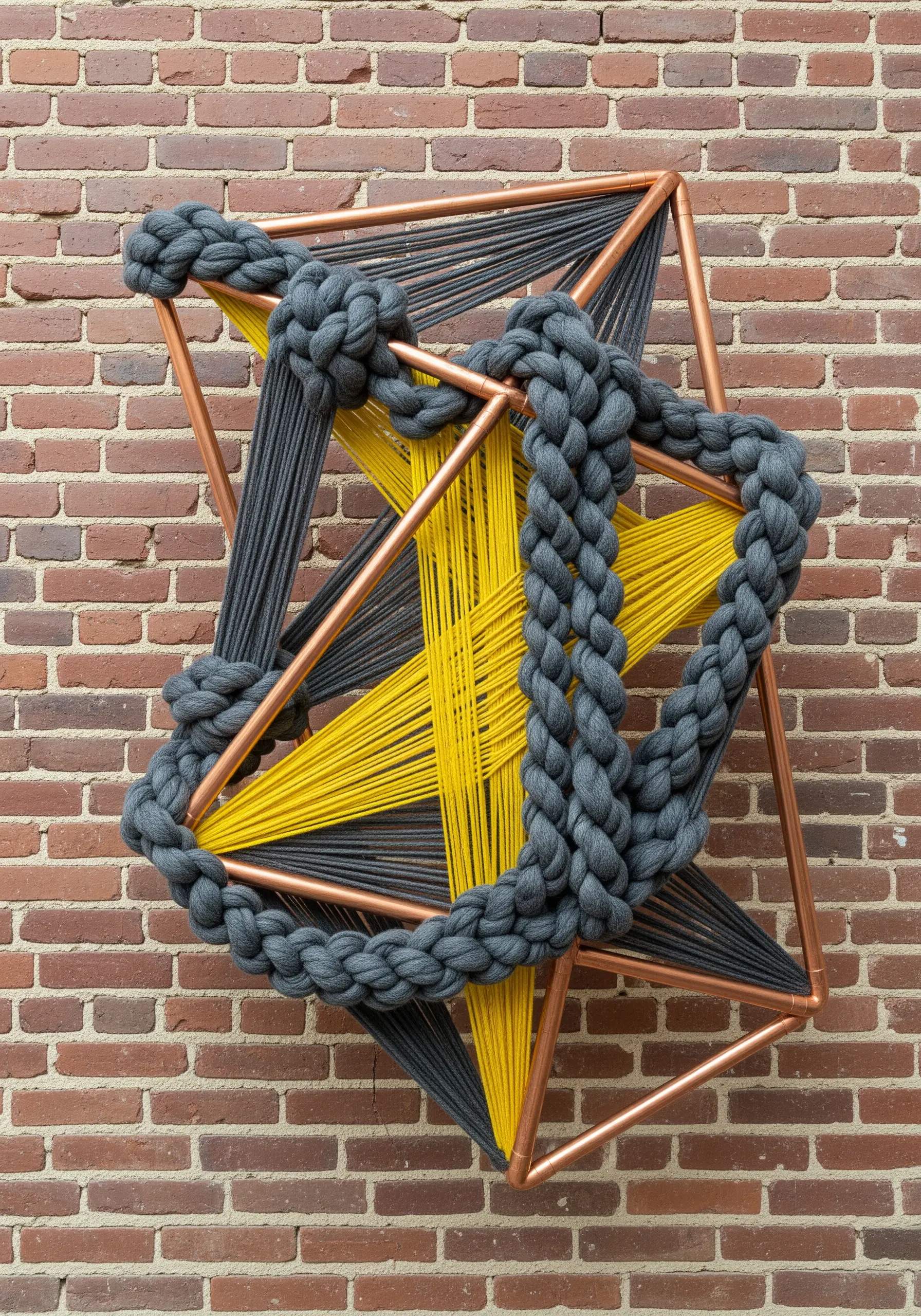 A 3D geometric sculpture made of copper pipes wrapped with yellow and grey yarn.