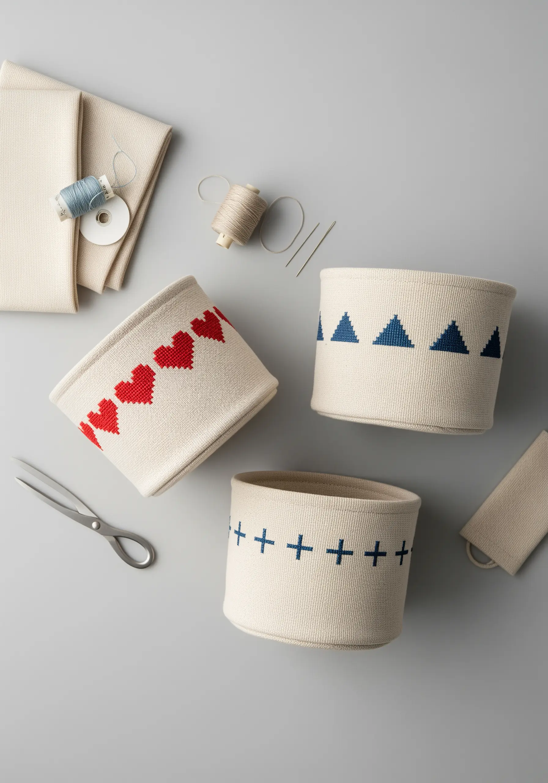 Three fabric baskets made from Aida cloth with simple red and blue cross-stitch patterns