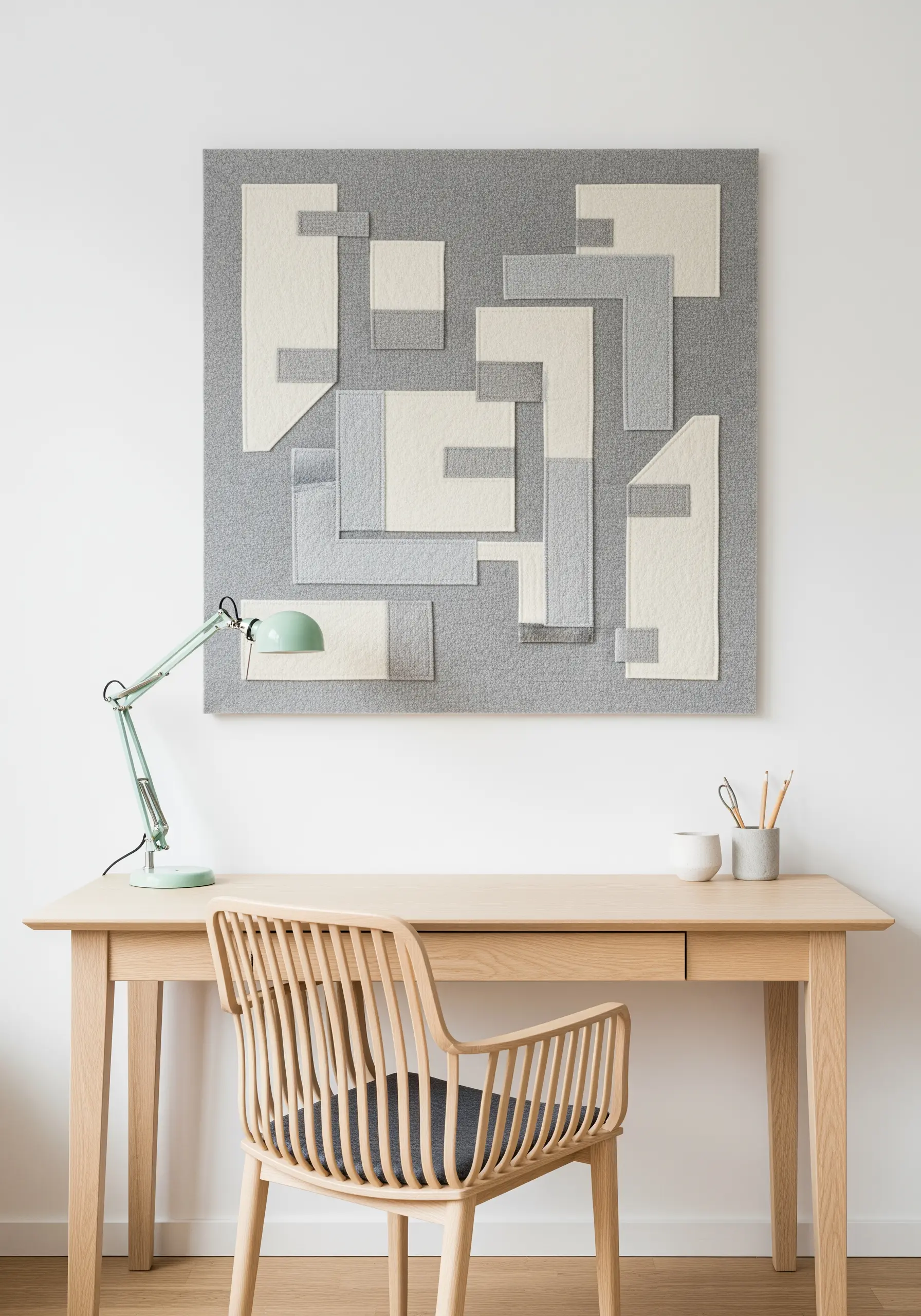 A large, abstract wall art piece made of layered geometric felt shapes in gray and cream.