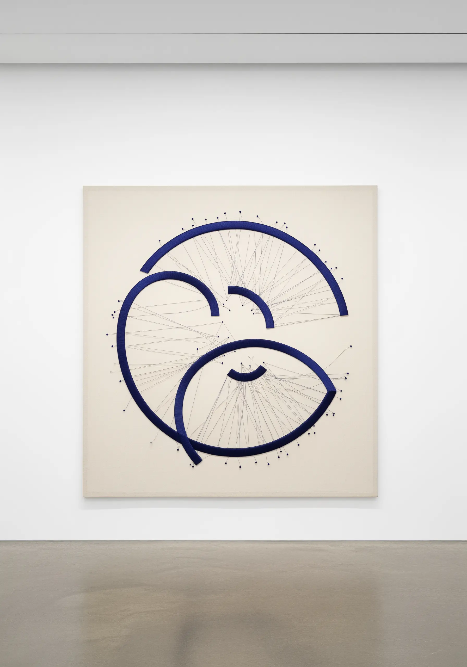 Large-scale abstract string art on a white canvas, with blue arcs and intersecting white threads.
